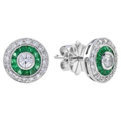 Round Diamond & Green Emerald Invisible Set Double Halo Stud White Gold Earrings