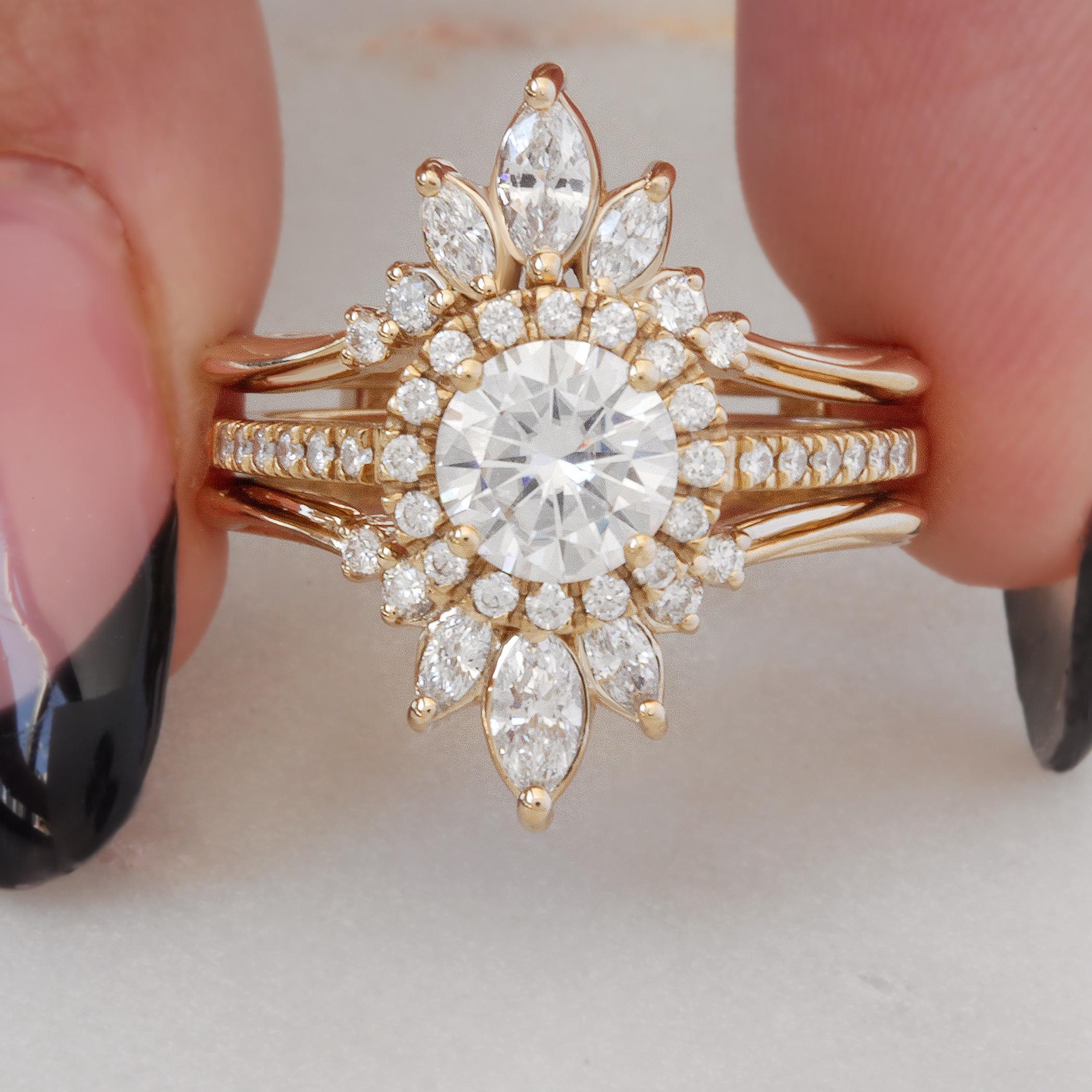 Contemporain Bague de fiançailles classique et délicate avec halo de diamants ronds, Alternative Bride, Lady en vente