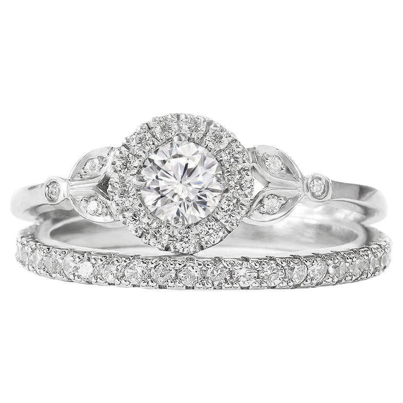 Round Diamond Halo Crown Minimalist Diamond Engagement Two Ring Set Rome 