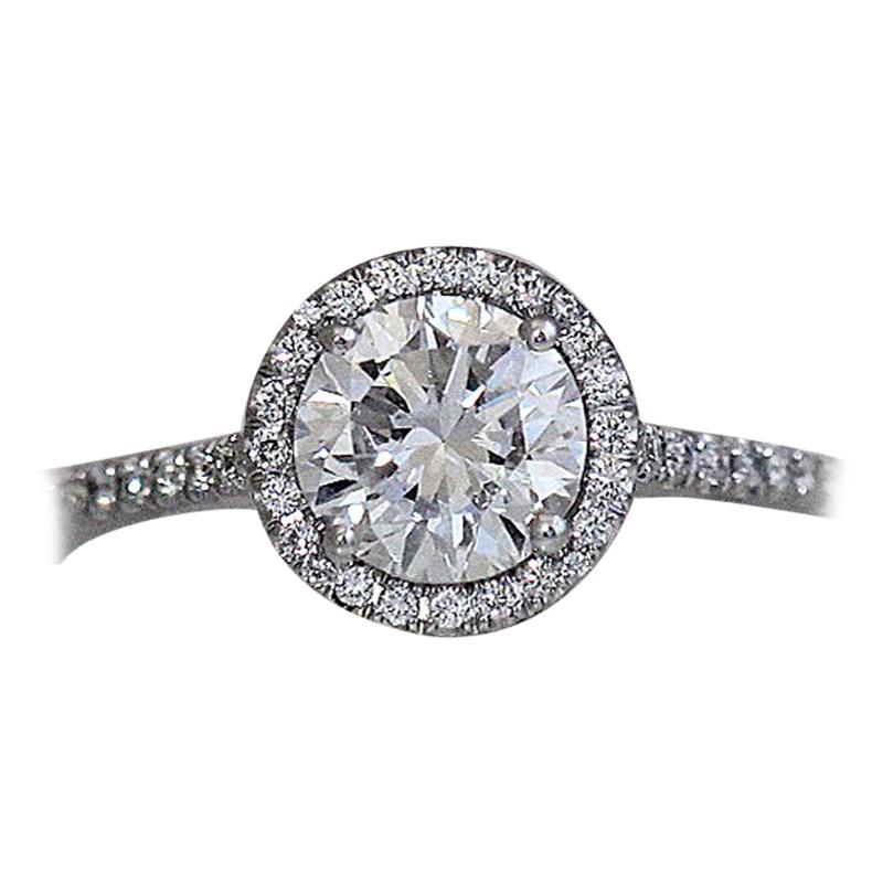 Round Diamond Halo Engagement Ring, 1.14 E SI1 GIA Center Diamond For Sale