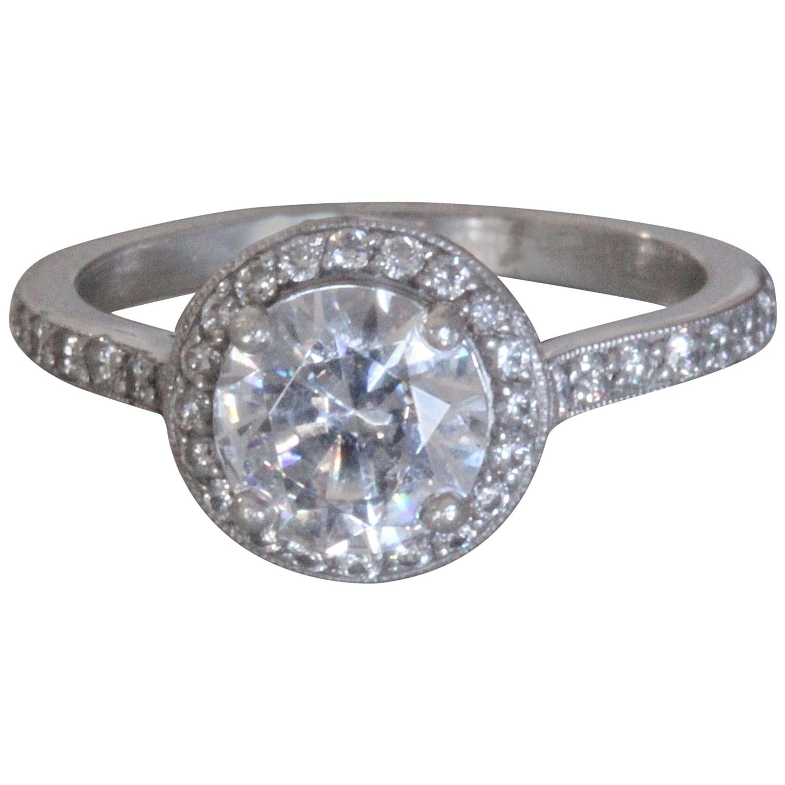 Round Diamond Halo Engagement Ring, 1.2 Center, 1.7 Carat Total For Sale