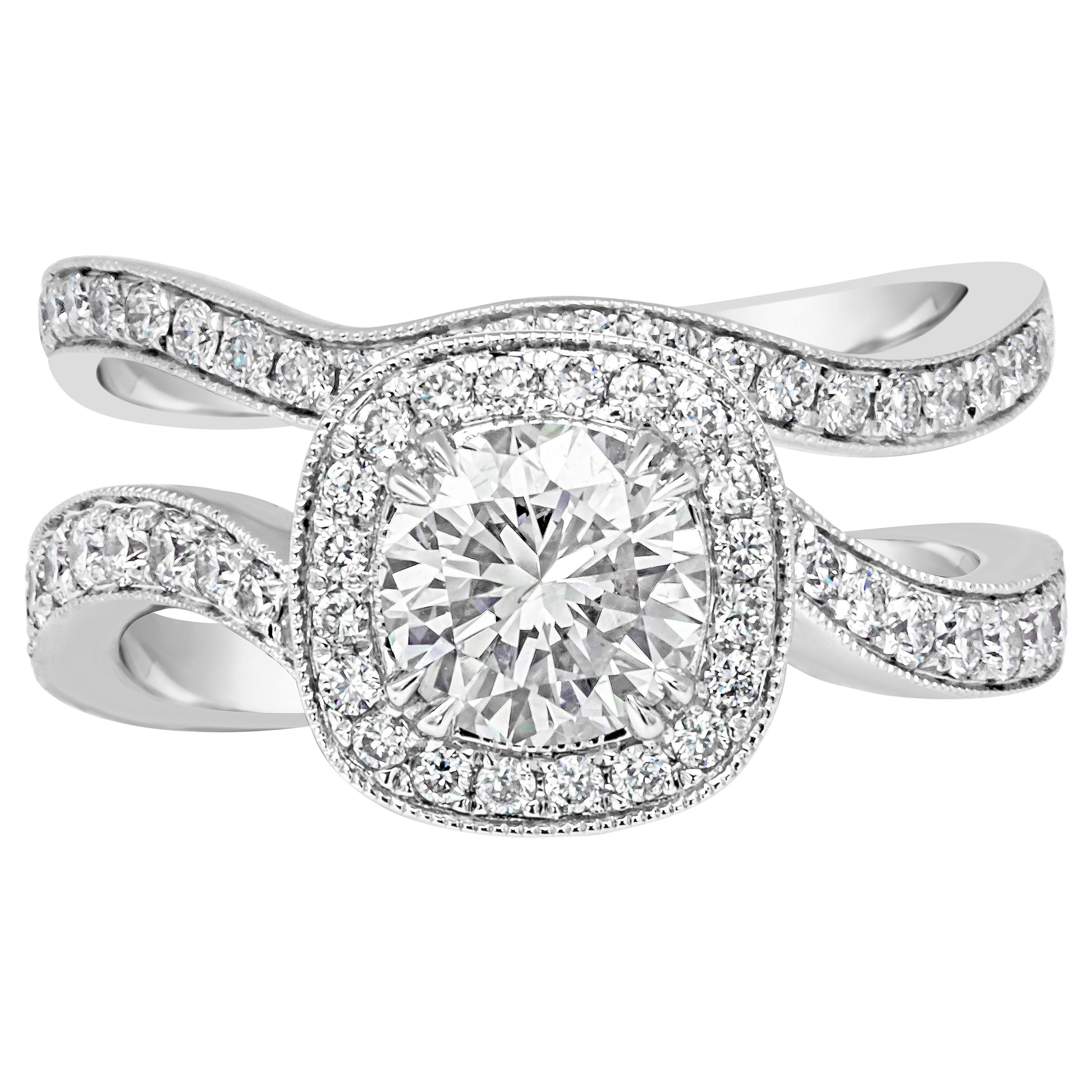 Roman Malakov,  Round Diamond Halo Engagement Ring and Wedding Band Set For Sale