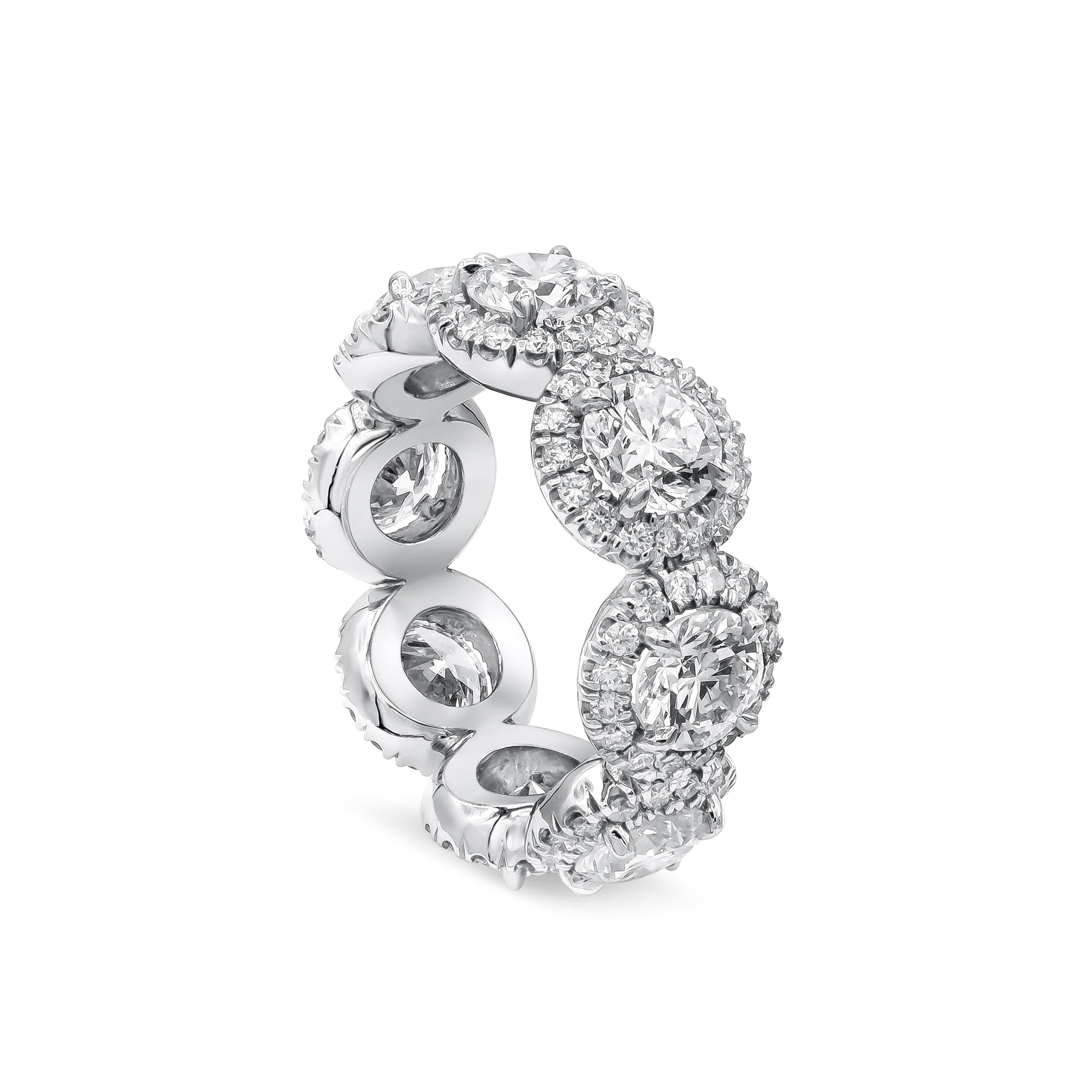 Elegantly crafted eternity wedding band ring, showcasing eight round brilliant diamonds of 4.62 carats total. Accented by round diamonds of 1.05 carat total. Set in platinum.

Roman Malakov is a custom house, specializing in creating anything you