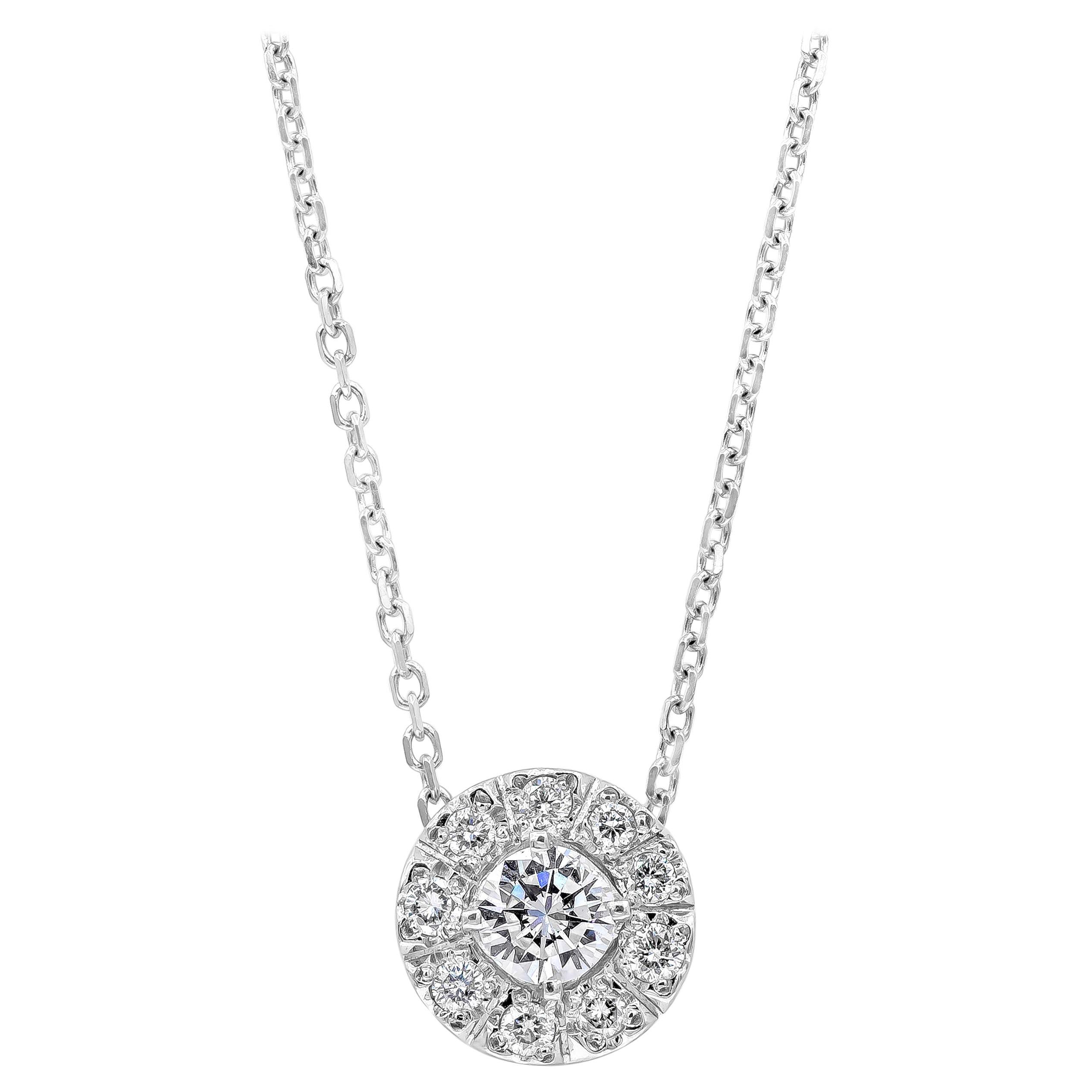 Roman Malakov 0.80 Carats Total Brilliant Round Diamond Halo Pendant Necklace For Sale