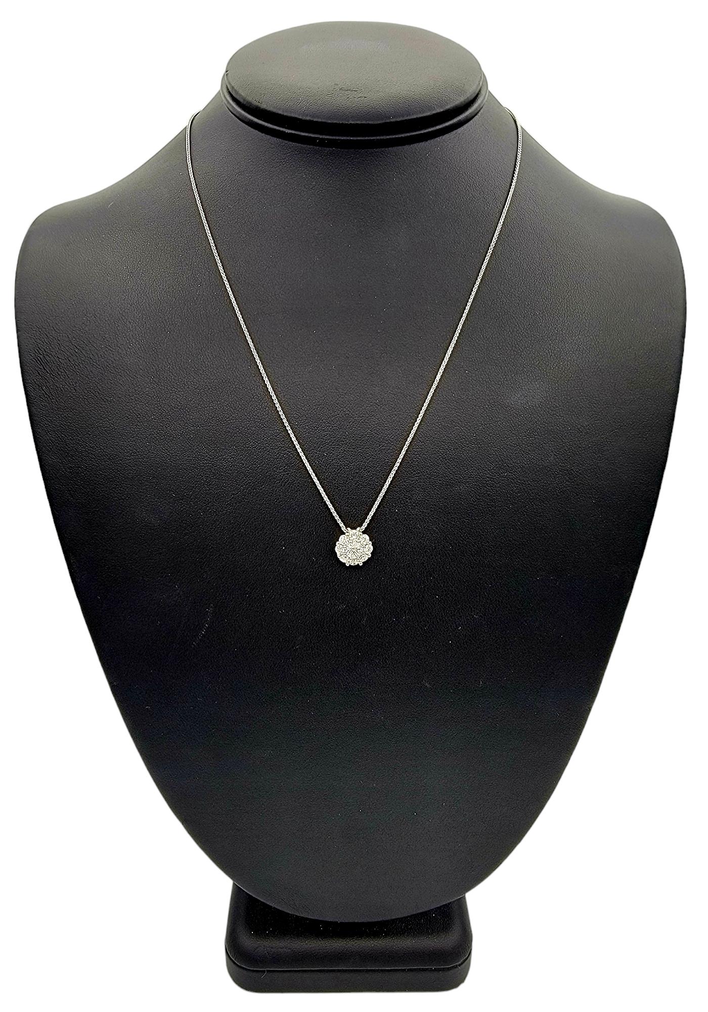  Round Diamond Halo Pendant Necklace with Wheat Chain in 18 Karat White Gold For Sale 4