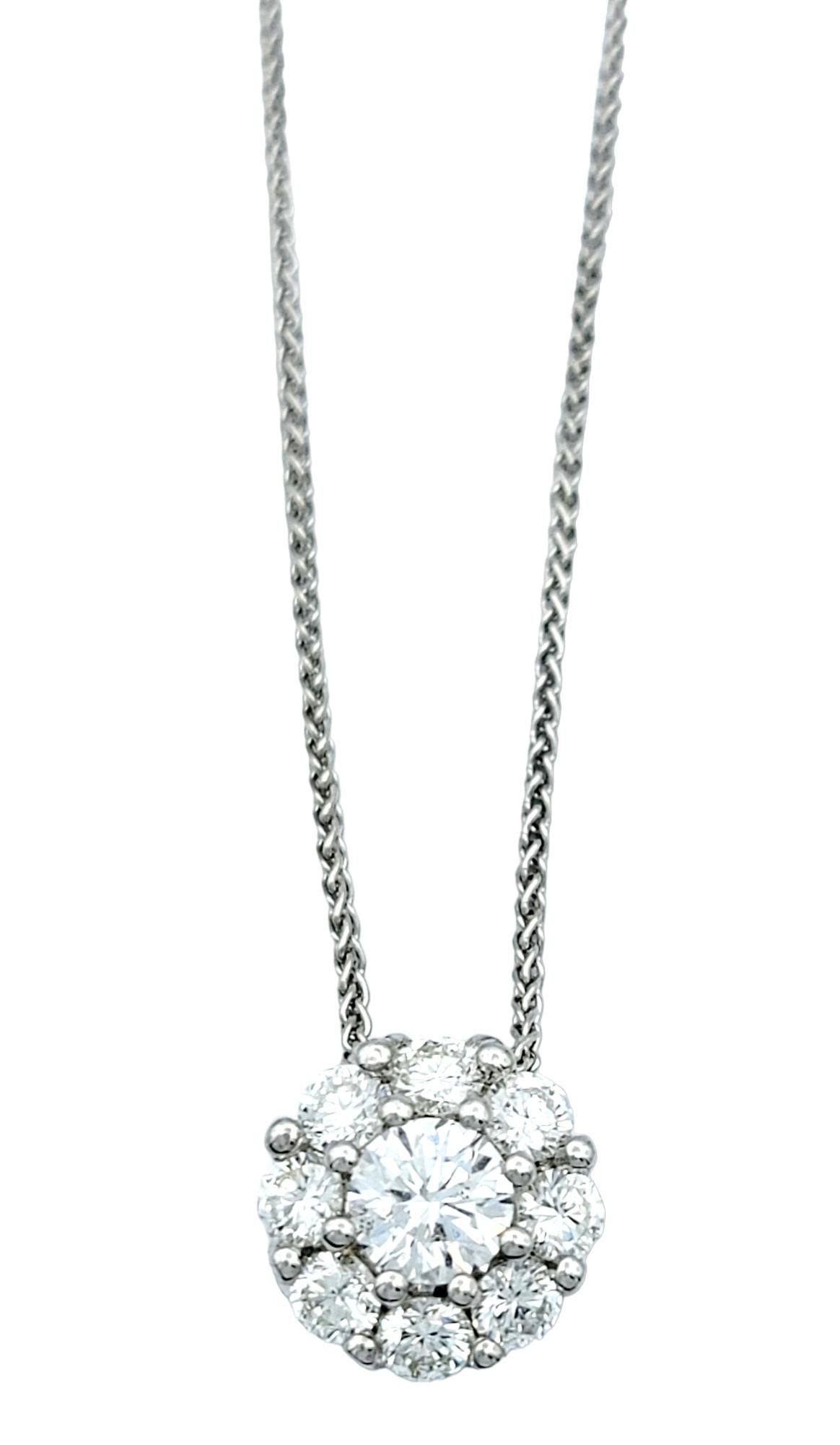 Contemporary  Round Diamond Halo Pendant Necklace with Wheat Chain in 18 Karat White Gold For Sale