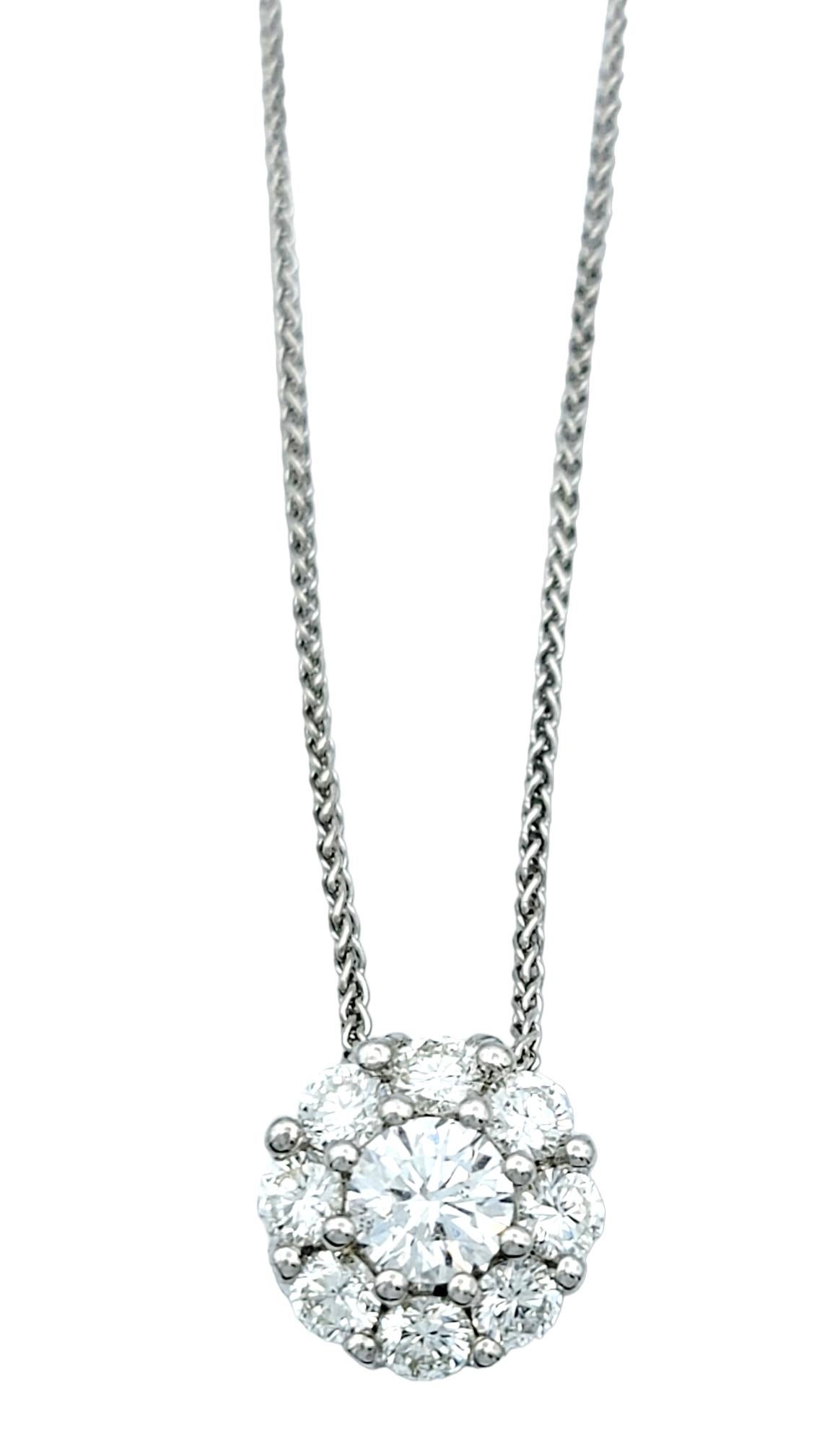 Contemporary Round Diamond Halo Pendant Necklace with Wheat Chain in 18 Karat White Gold For Sale