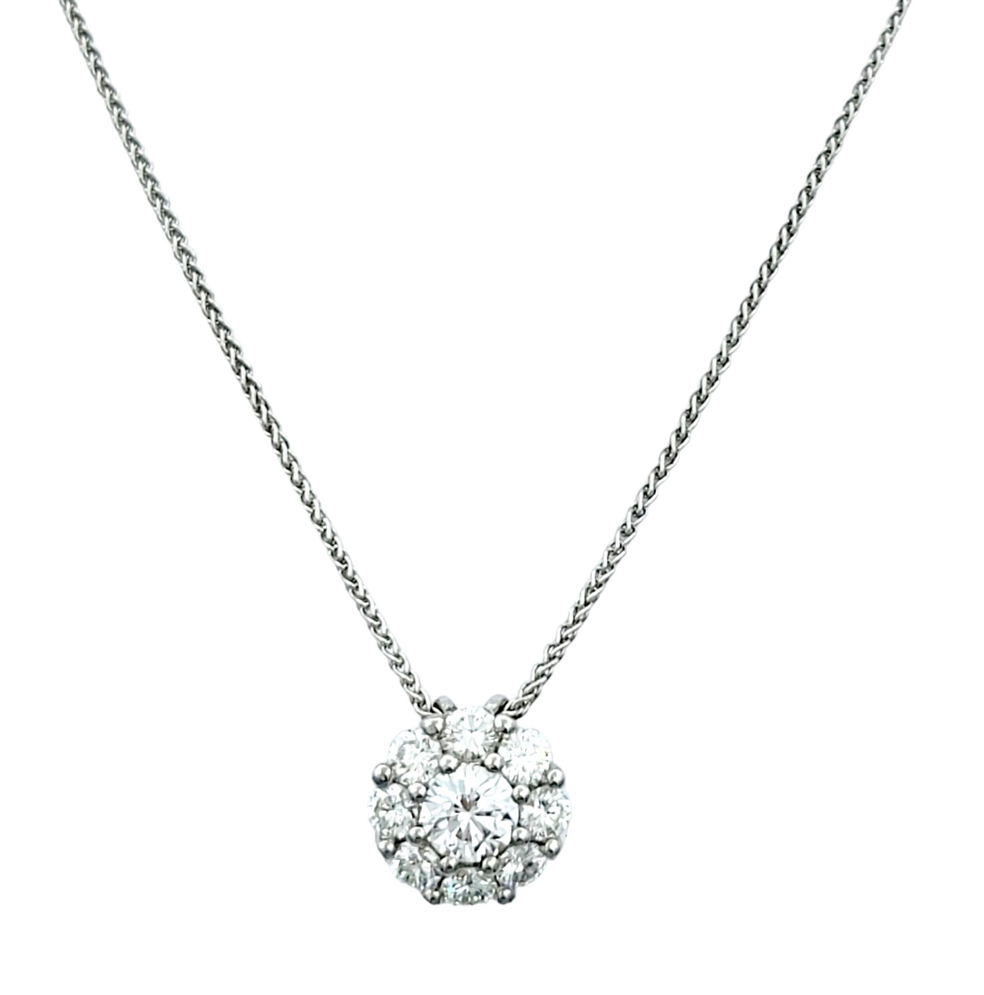 Round Cut  Round Diamond Halo Pendant Necklace with Wheat Chain in 18 Karat White Gold For Sale
