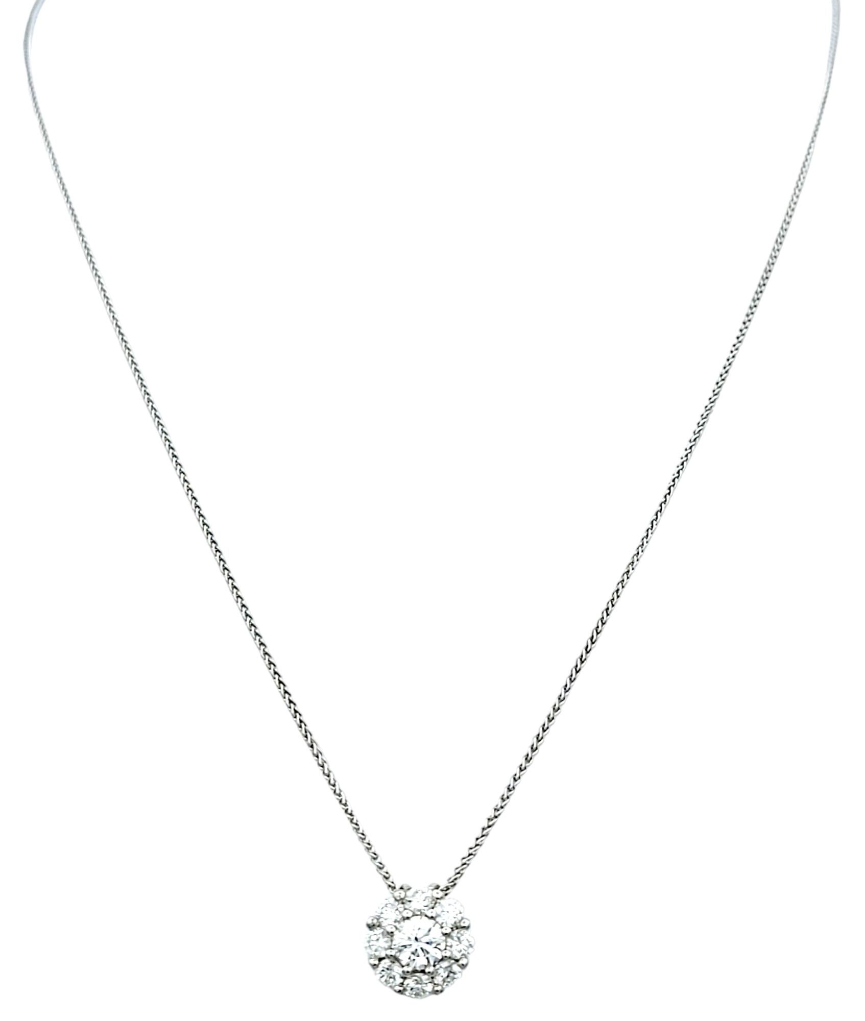  Round Diamond Halo Pendant Necklace with Wheat Chain in 18 Karat White Gold In Good Condition For Sale In Scottsdale, AZ