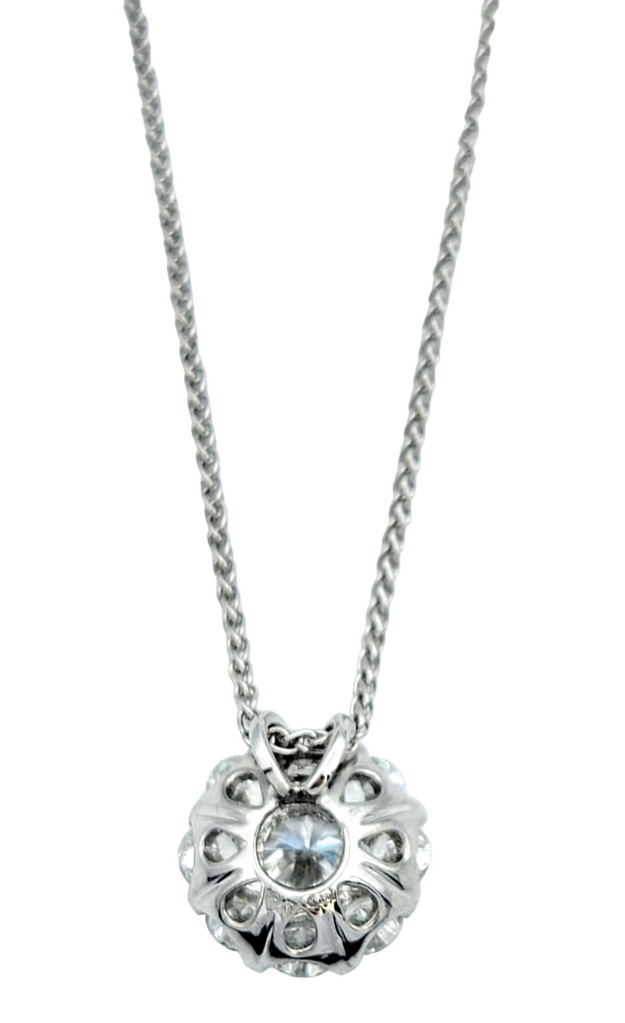 Women's  Round Diamond Halo Pendant Necklace with Wheat Chain in 18 Karat White Gold For Sale