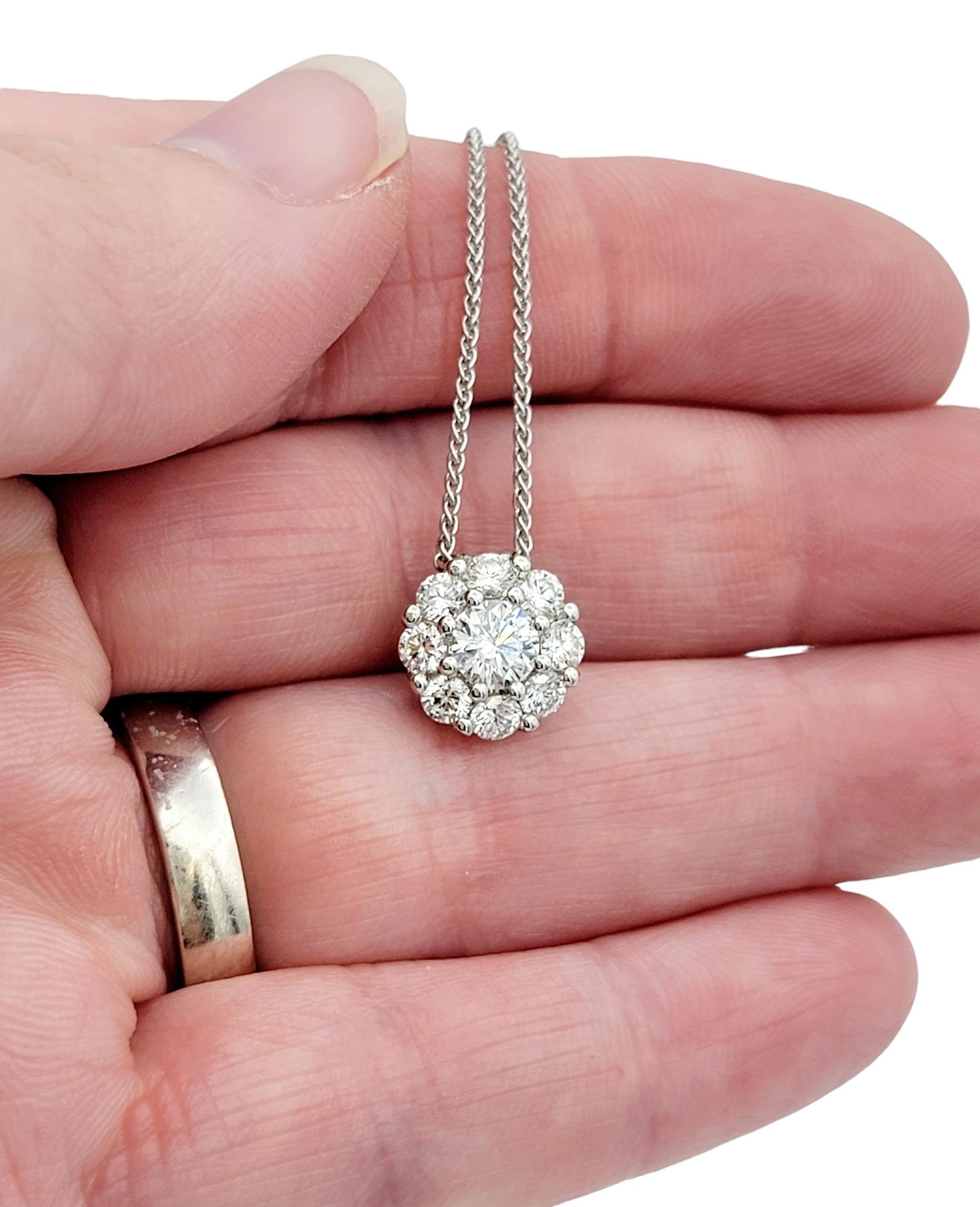  Round Diamond Halo Pendant Necklace with Wheat Chain in 18 Karat White Gold For Sale 3