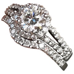 Round Diamond Halo Split Shank with Matching Wedding Band, 1.36 Carat
