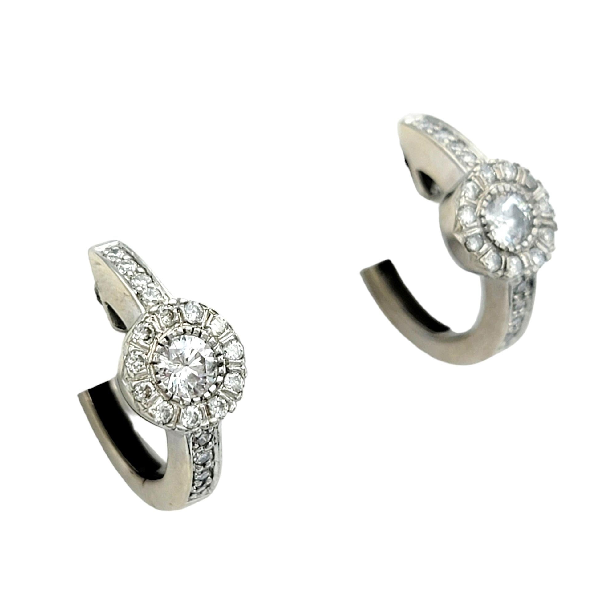 Contemporary Round Diamond Halo Style Huggie Hoop Earrings Set in 18 Karat White Gold For Sale