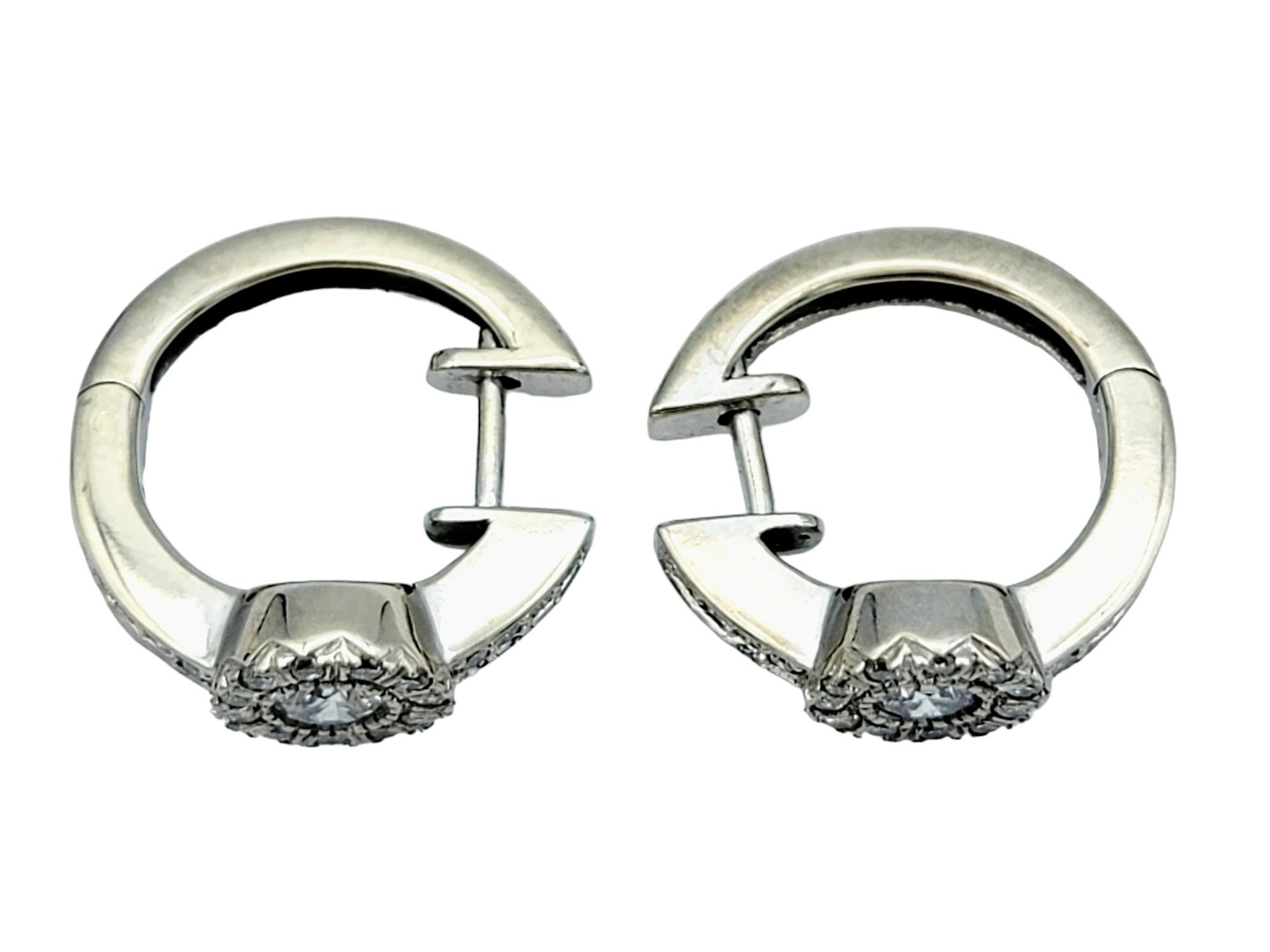 Round Cut Round Diamond Halo Style Huggie Hoop Earrings Set in 18 Karat White Gold For Sale