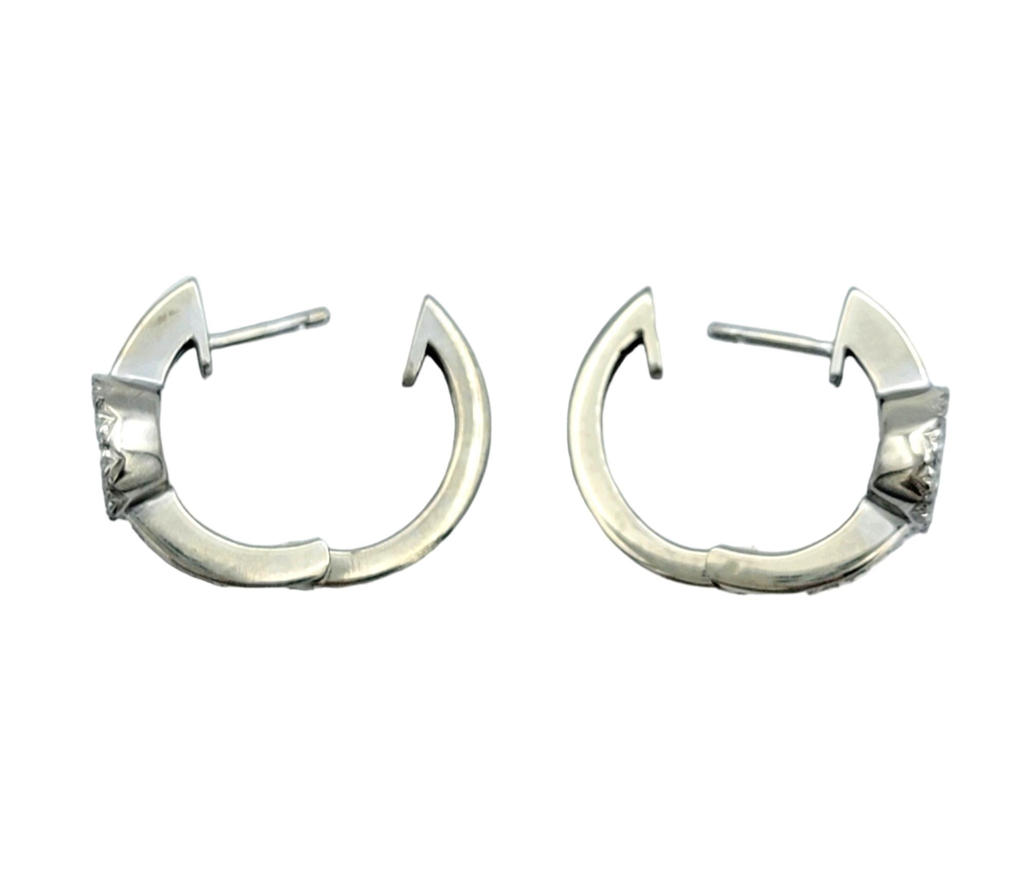 Round Diamond Halo Style Huggie Hoop Earrings Set in 18 Karat White Gold In Good Condition For Sale In Scottsdale, AZ