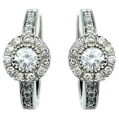 Round Diamond Halo Style Huggie Hoop Earrings Set in 18 Karat White Gold