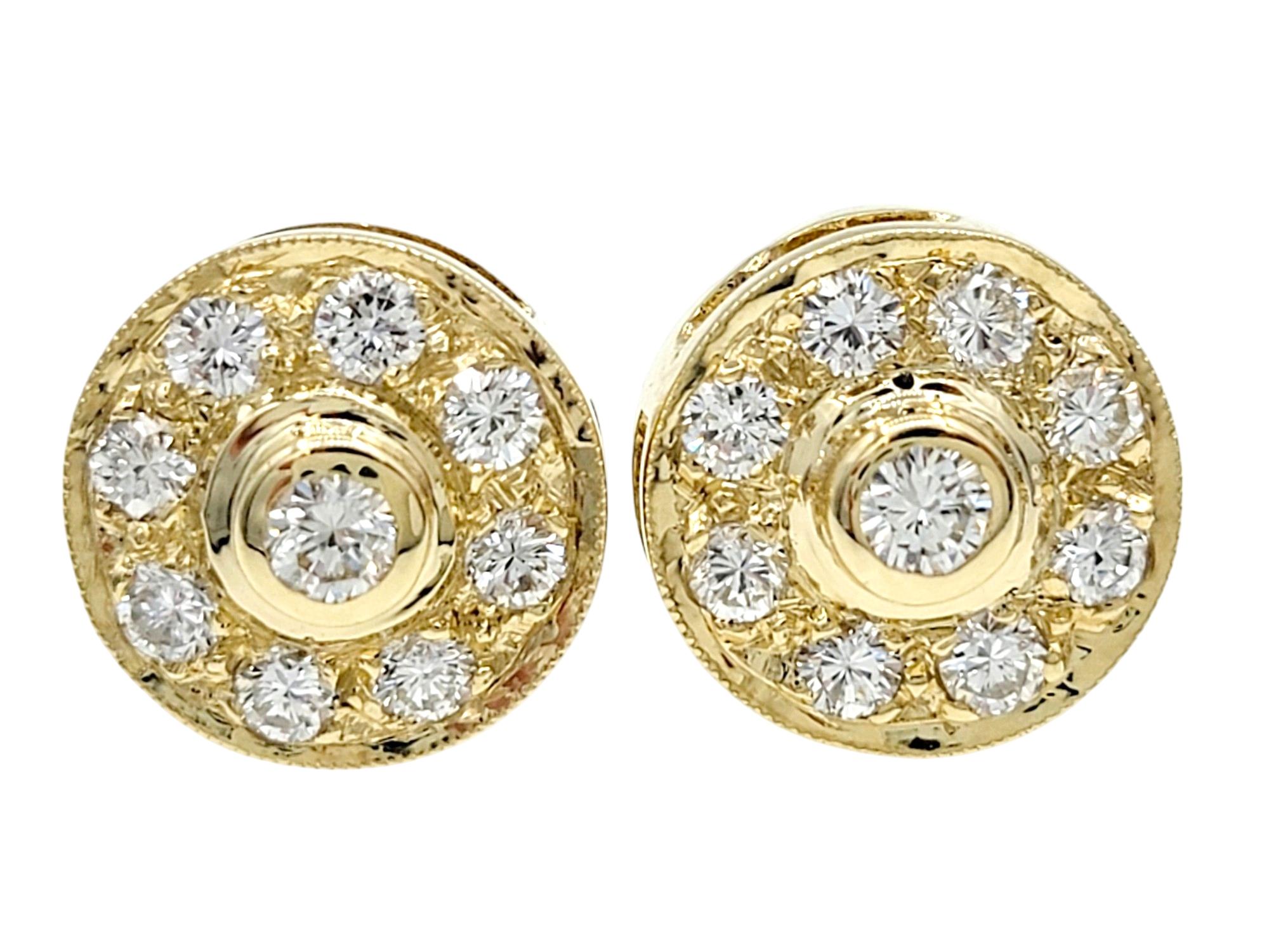 Round Diamond Halo Style Stud Earrings Set in Polished 14 Karat Yellow Gold In Good Condition For Sale In Scottsdale, AZ