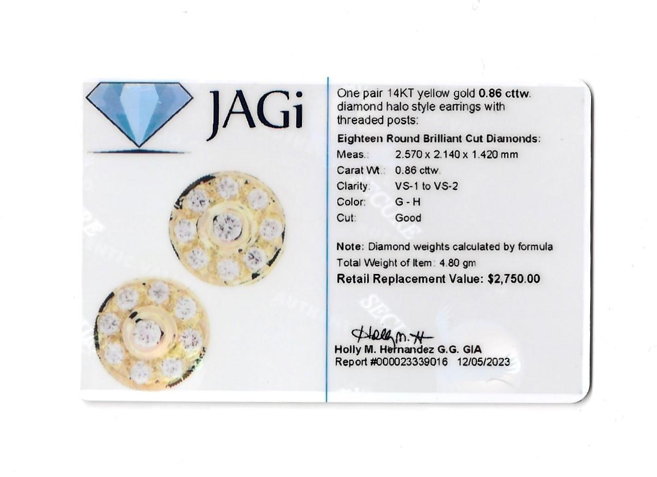 Round Diamond Halo Style Stud Earrings Set in Polished 14 Karat Yellow Gold For Sale 2