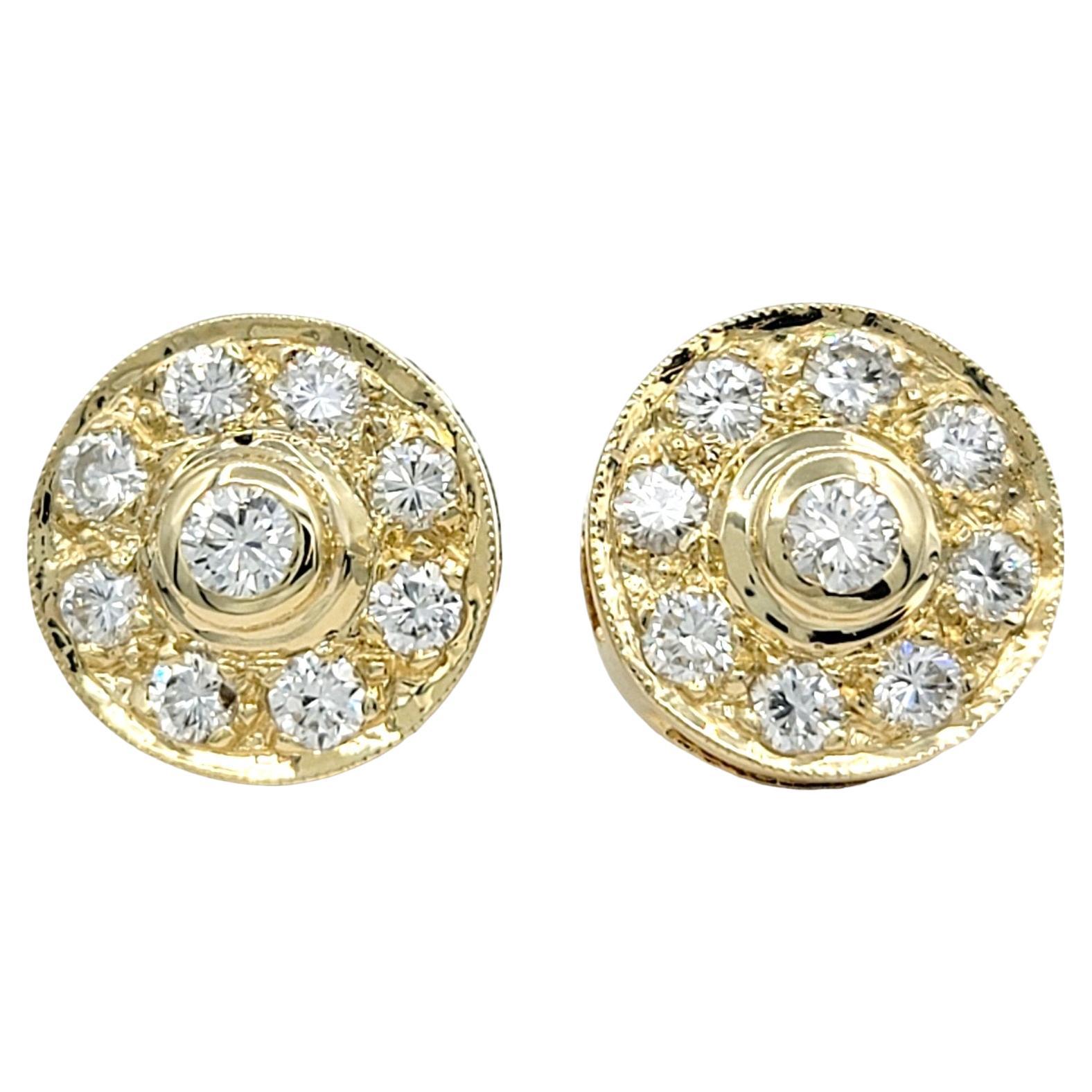 Round Diamond Halo Style Stud Earrings Set in Polished 14 Karat Yellow Gold For Sale