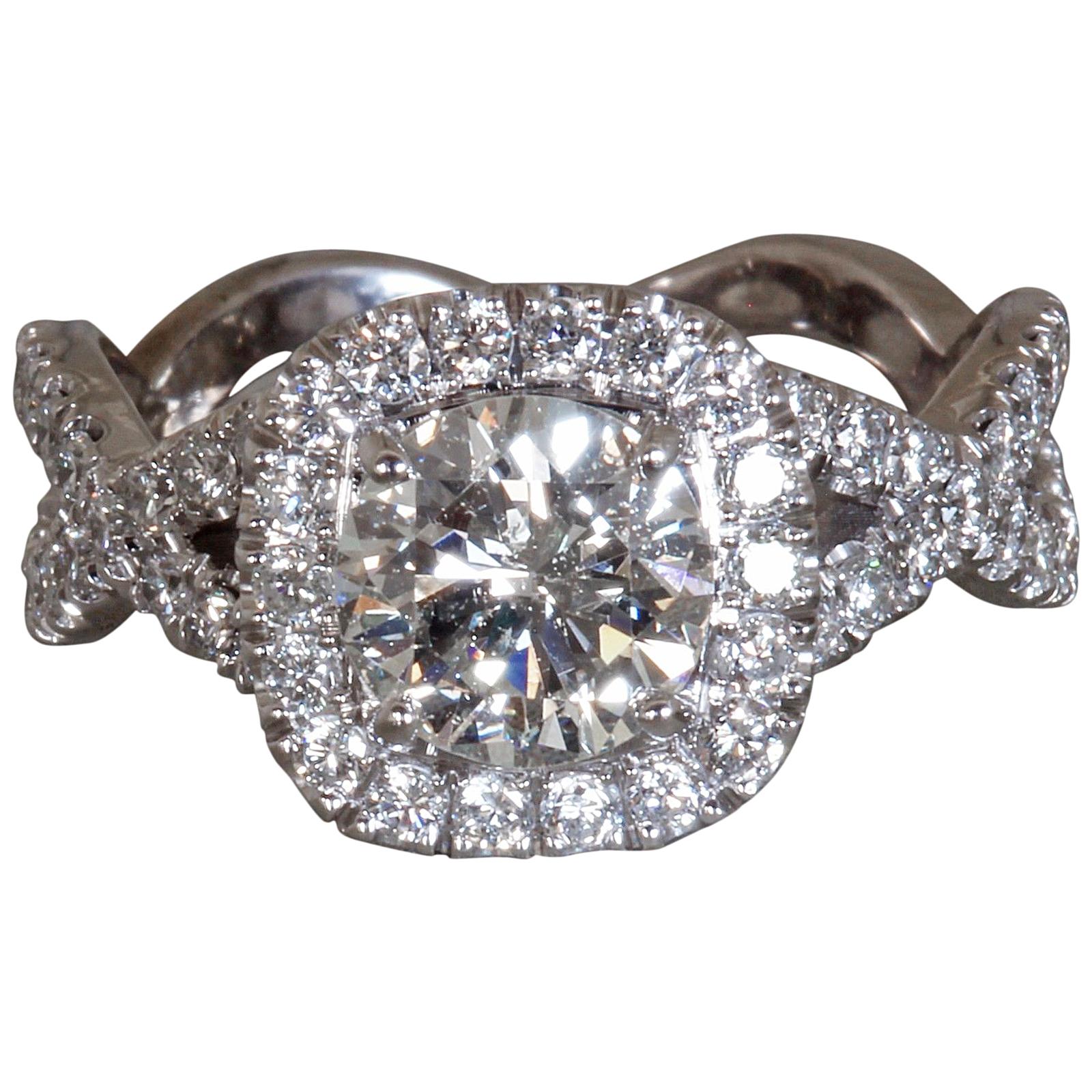 Round Diamond Halo Twist Engagement Ring, 1.3 Center, 2.3 Carat