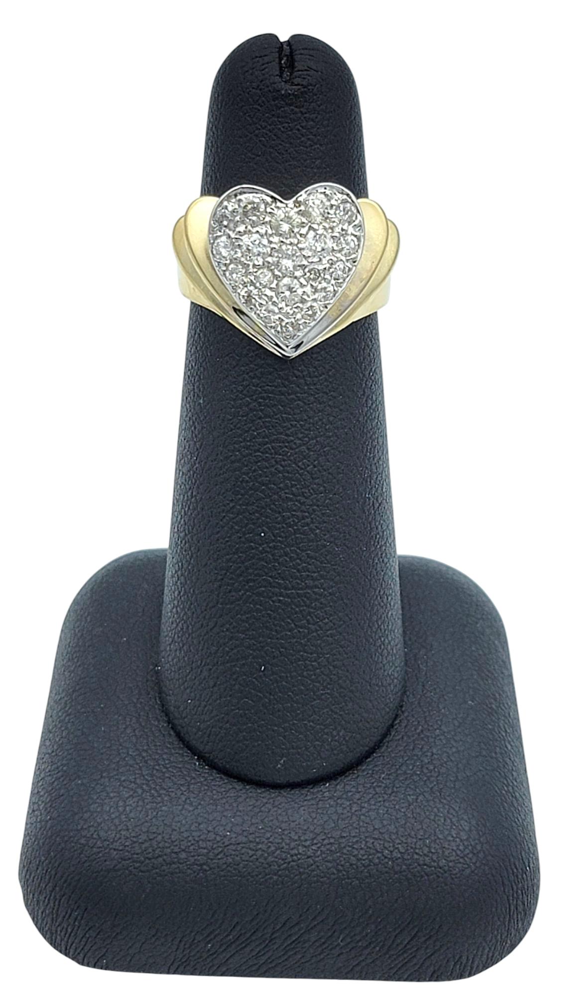 Round Diamond Heart Shaped Wide Ridged Band Ring in 14 Karat Yellow Gold For Sale 6