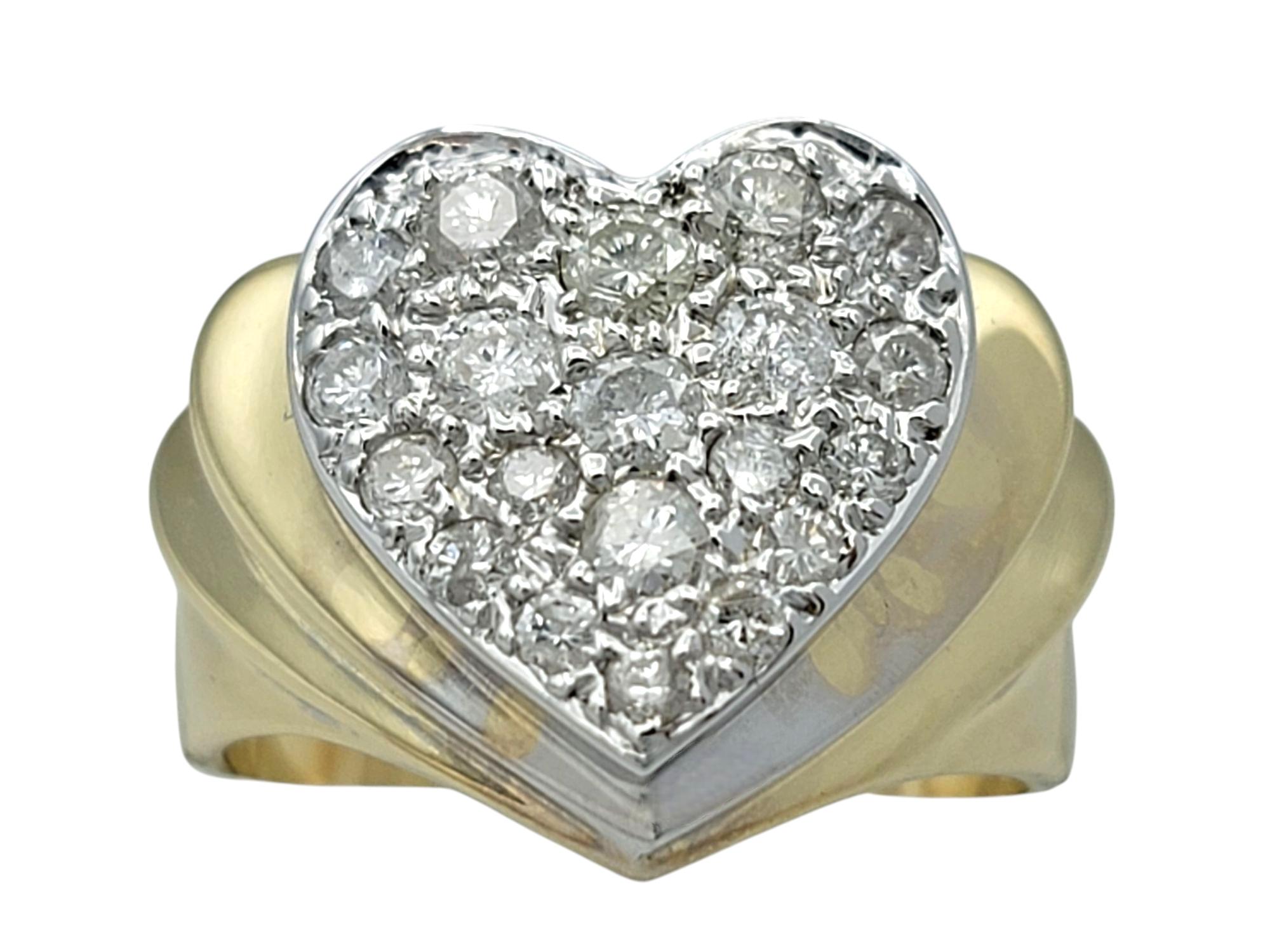Contemporary Round Diamond Heart Shaped Wide Ridged Band Ring in 14 Karat Yellow Gold For Sale