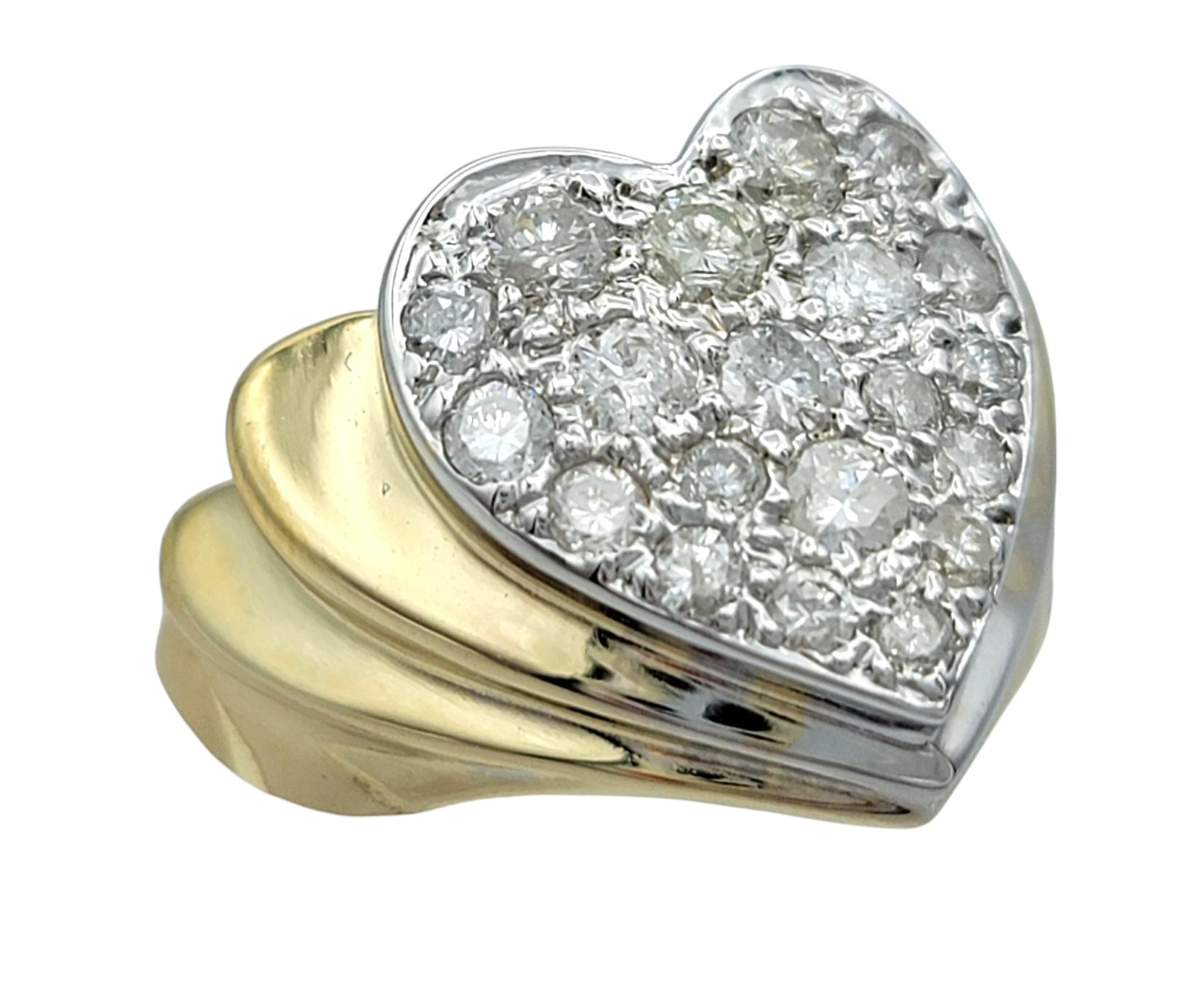 Round Cut Round Diamond Heart Shaped Wide Ridged Band Ring in 14 Karat Yellow Gold For Sale