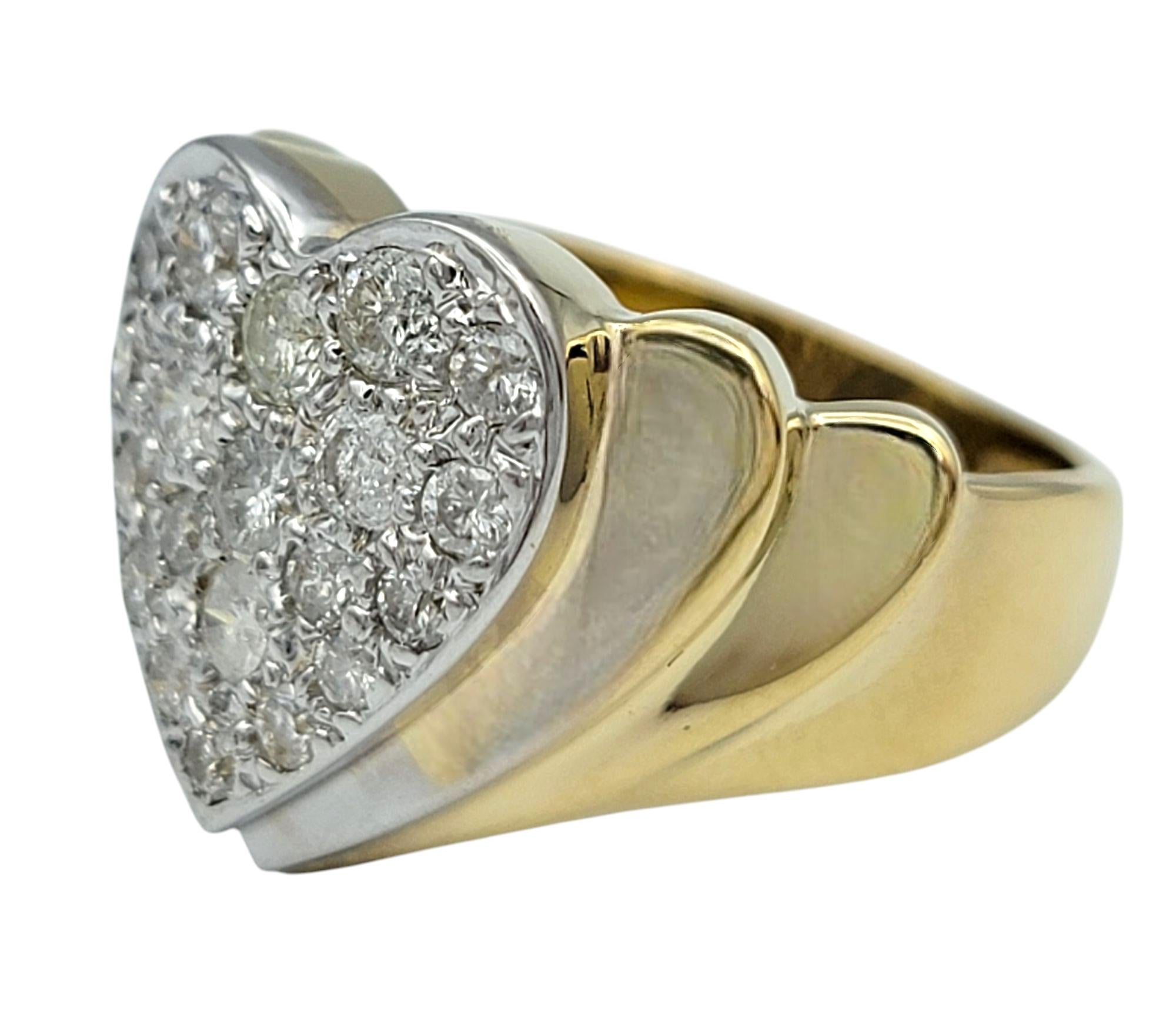 Women's Round Diamond Heart Shaped Wide Ridged Band Ring in 14 Karat Yellow Gold For Sale