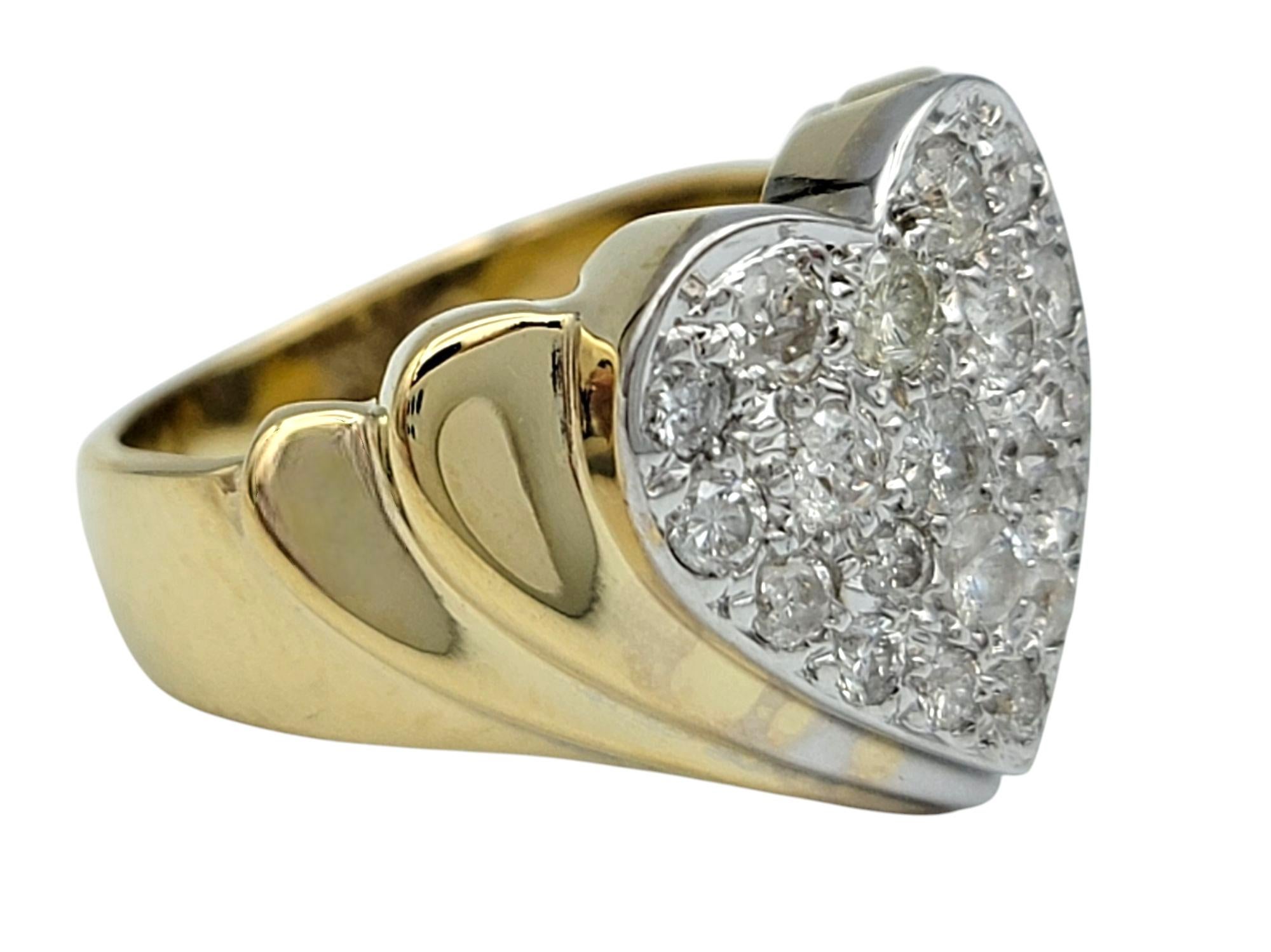Round Diamond Heart Shaped Wide Ridged Band Ring in 14 Karat Yellow Gold For Sale 1