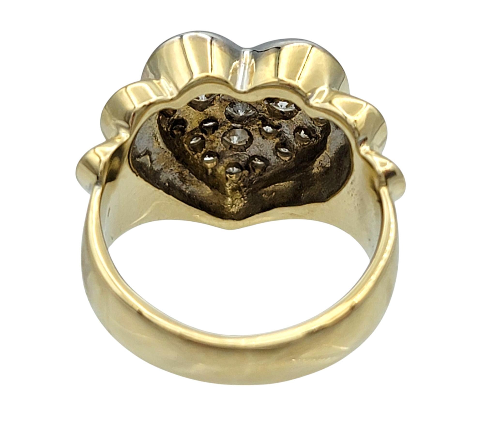 Round Diamond Heart Shaped Wide Ridged Band Ring in 14 Karat Yellow Gold For Sale 3