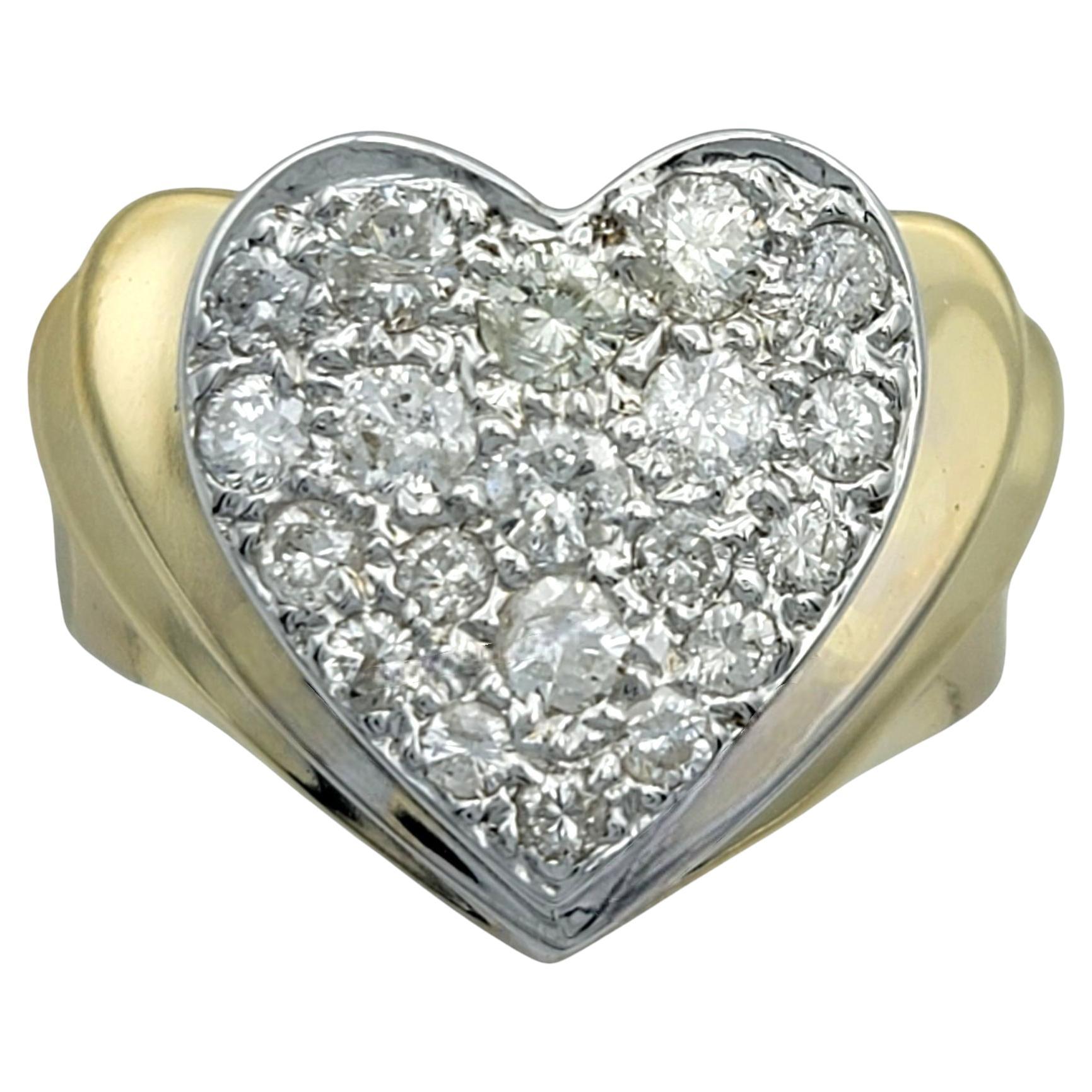 Round Diamond Heart Shaped Wide Ridged Band Ring in 14 Karat Yellow Gold