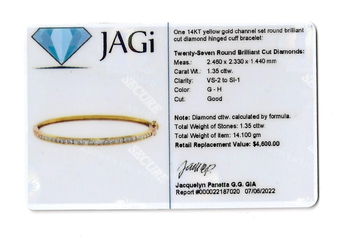 Round Diamond Hinged Narrow Bangle Bracelet in 14 Karat Yellow Gold 9