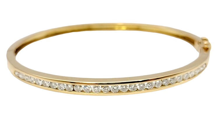Round Diamond Hinged Narrow Bangle Bracelet in 14 Karat Yellow Gold For ...