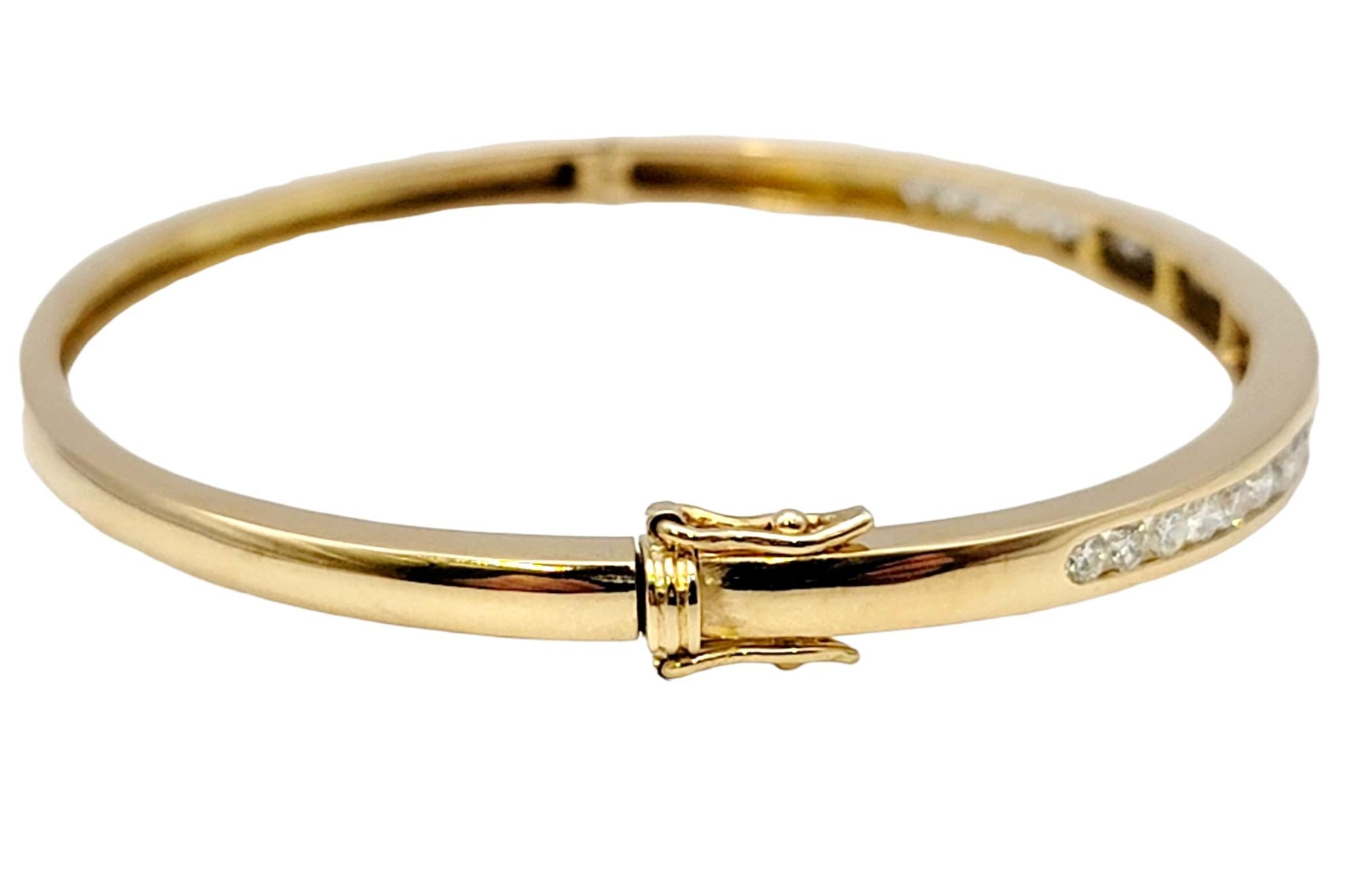 Round Cut Round Diamond Hinged Narrow Bangle Bracelet in 14 Karat Yellow Gold