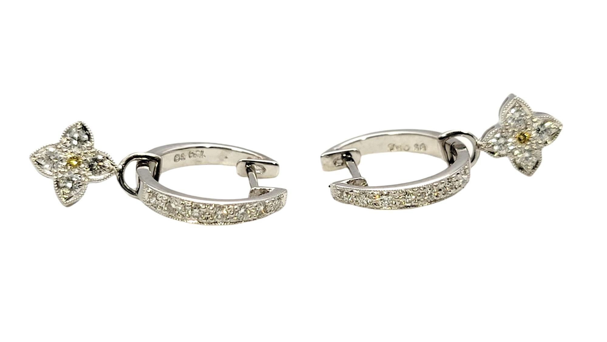 Contemporary  Round Diamond Huggie Hoop Earrings with Yellow and White Diamond Dangles For Sale