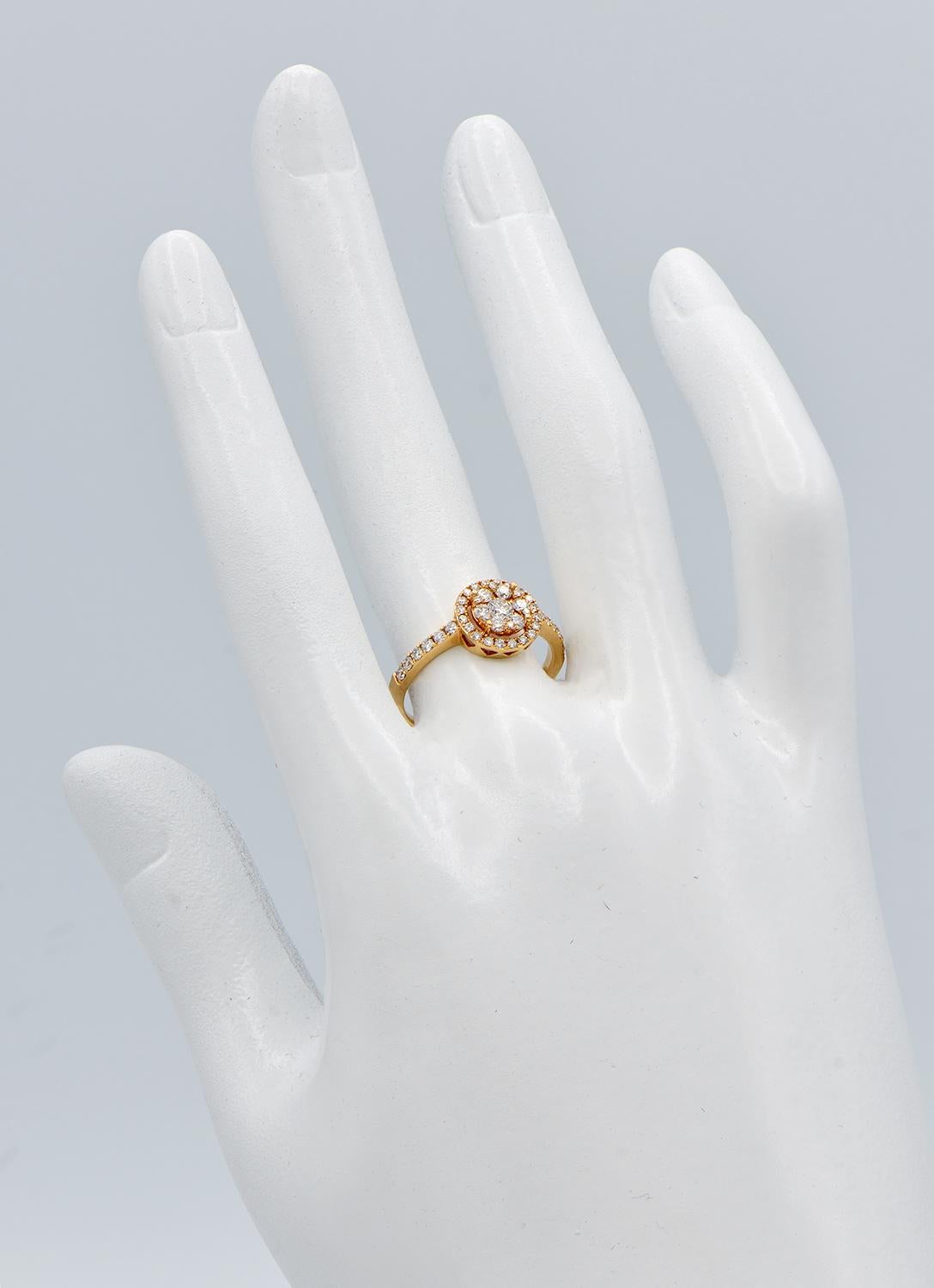 Contemporary Round Diamond Illusion Ring with Halo and Diamond Band in Rose Gold For Sale