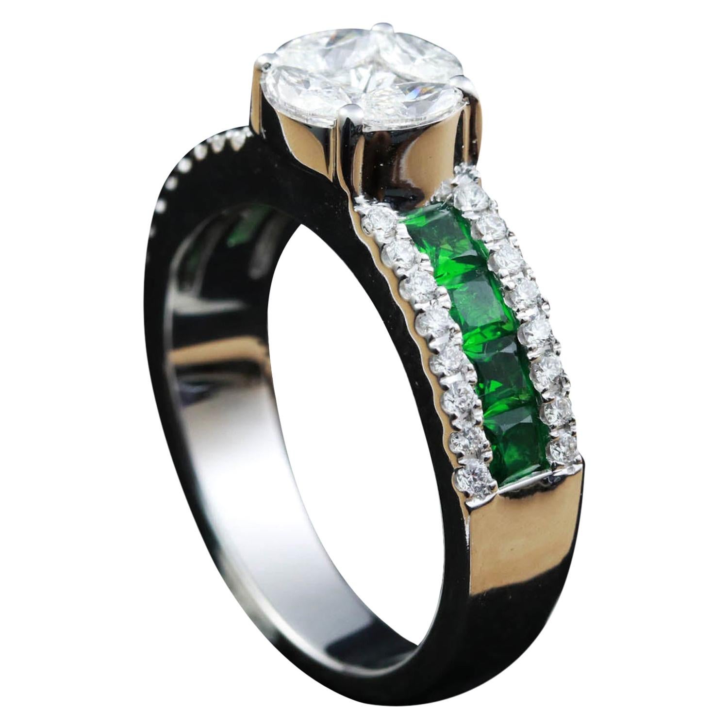 For Sale:  Round Diamond Illusion with Gemstone Cocktail Ring in 18 Karat Gold