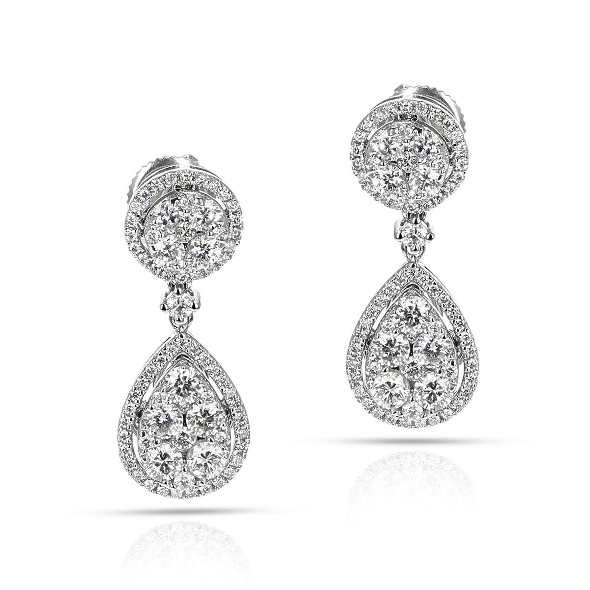 A pair of Round Diamond in Circular and Pear Shape Dangling Earrings made in 14 Karat White Gold. The total weight of the earrings is 4.19 grams. The appx. weight of the diamonds is 1.75 carats.