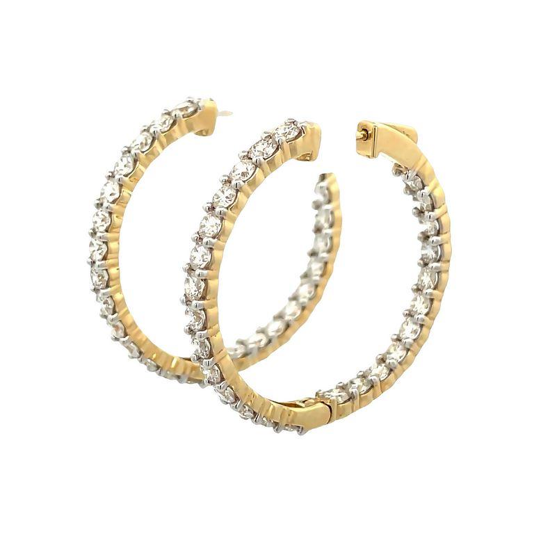 These earrings feature an endless inside-out round hoop design for sparkle from every angle. These earrings are made with white round diamonds and feature 50 stones, every stone is 0.09 pointers, these elegant hoop earrings have a total weight of