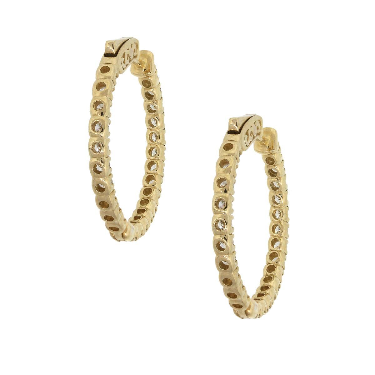 Material: 14k Yellow Gold
Style: Diamond Inside Out Hoops
Diamond Details: Approximately 1.63ctw of round brilliant diamonds. Diamonds are G/H in color and SI in clarity.
Earring Measurements: 1.04″ x 0.12″ x 1.03″
Total Weight: 6.7g