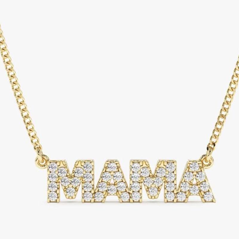 Modern Mama Block 14K Yellow Gold Diamond Necklace For Sale