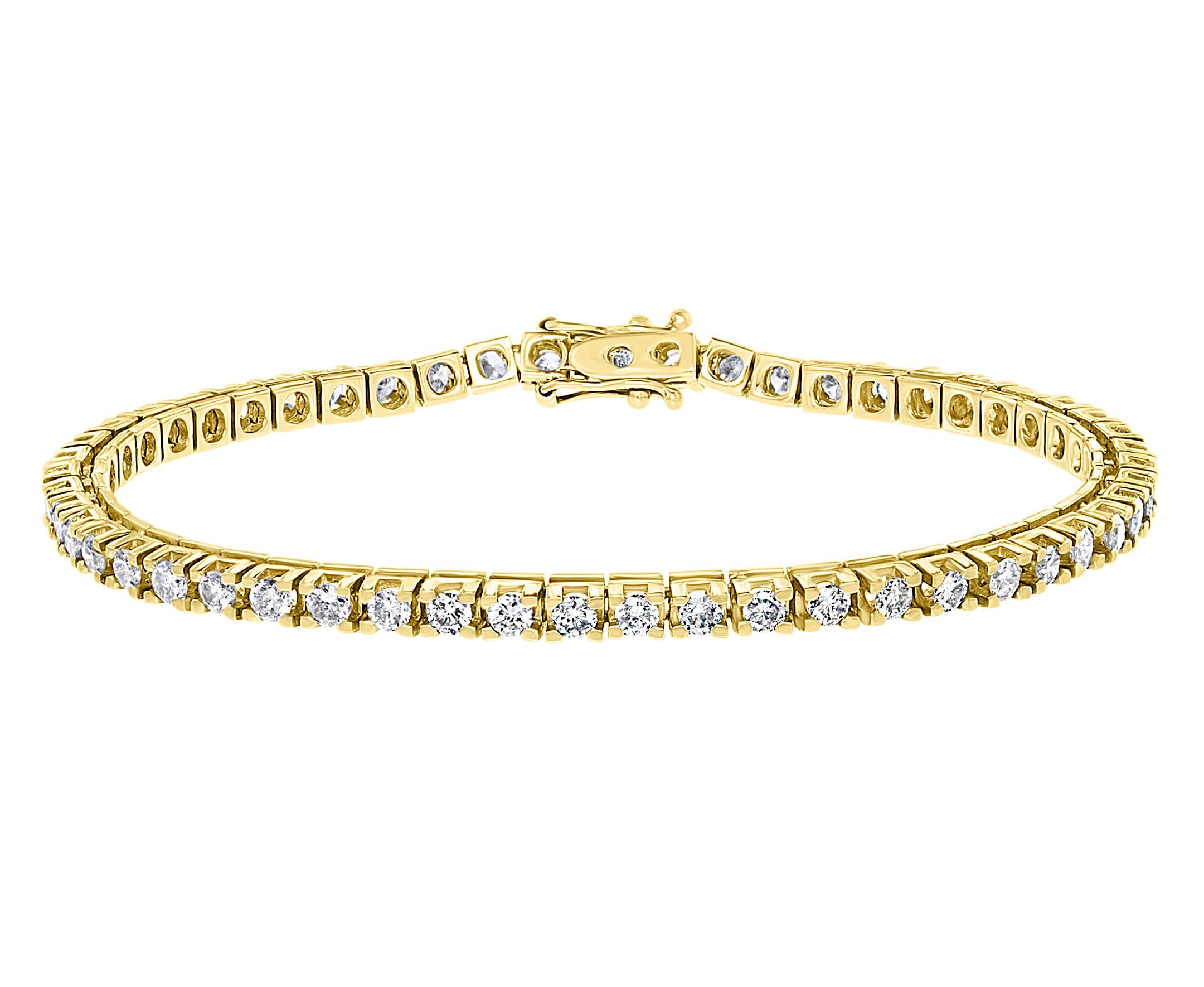 Taille ronde Bracelet de tennis en or jaune avec lignes de diamants ronds 3,85 carats, or jaune 14 K en vente