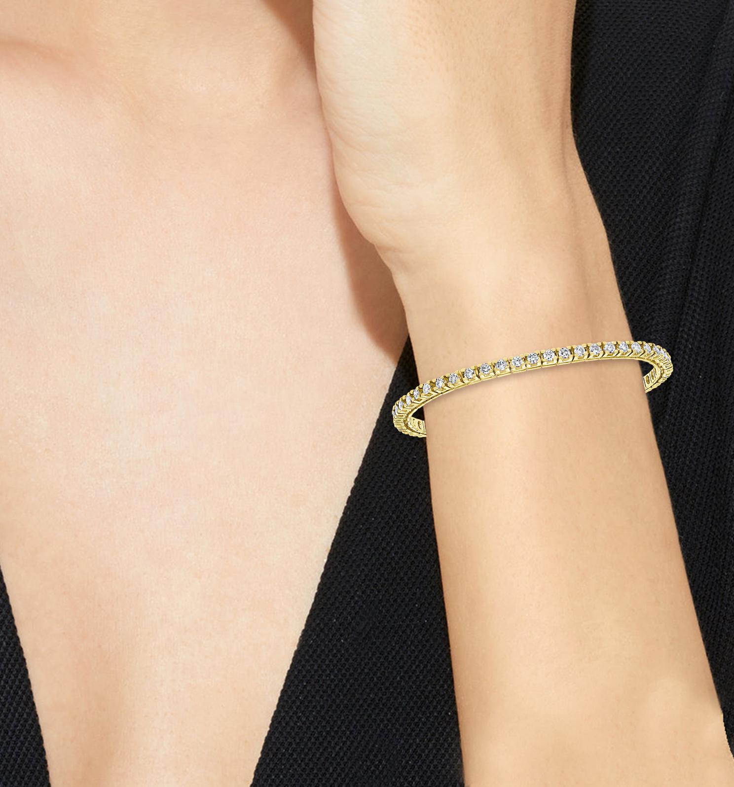 Bracelet de tennis en or jaune avec lignes de diamants ronds 3,85 carats, or jaune 14 K Excellent état - En vente à New York, NY