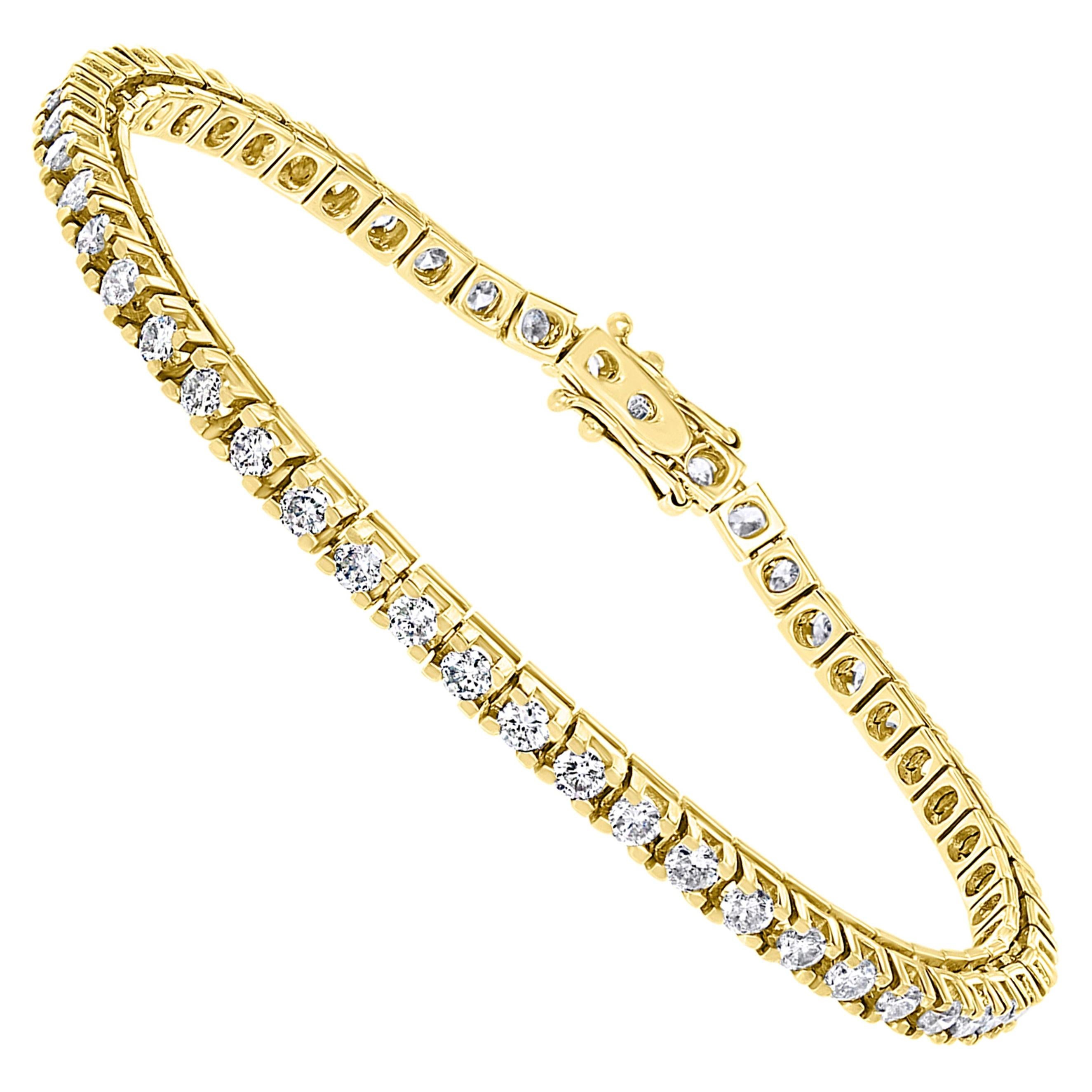 Bracelet de tennis en or jaune avec lignes de diamants ronds 3,85 carats, or jaune 14 K en vente