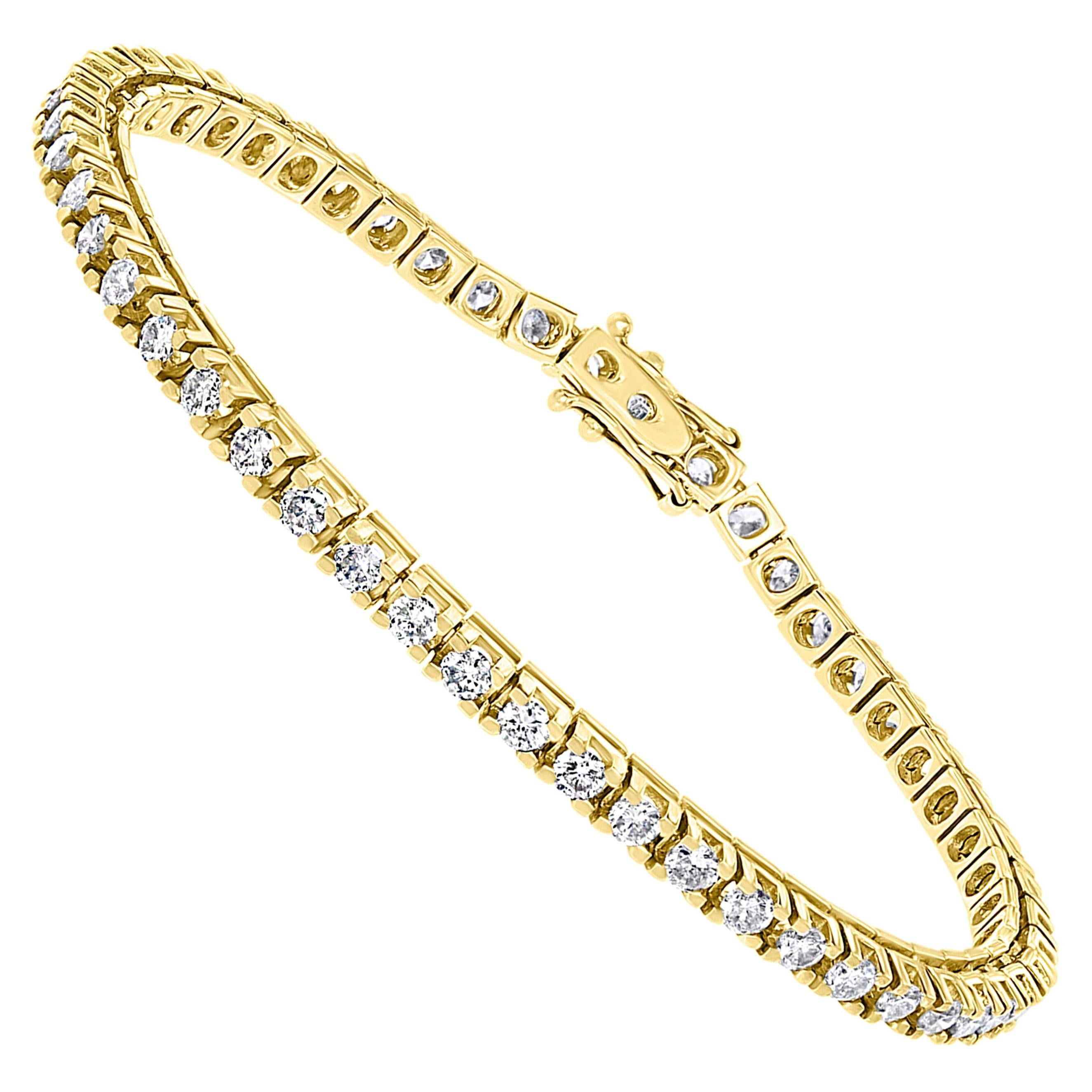 Bracelet tennis ligne de diamants ronds en or jaune 3,85 carats, or jaune 14 carats
