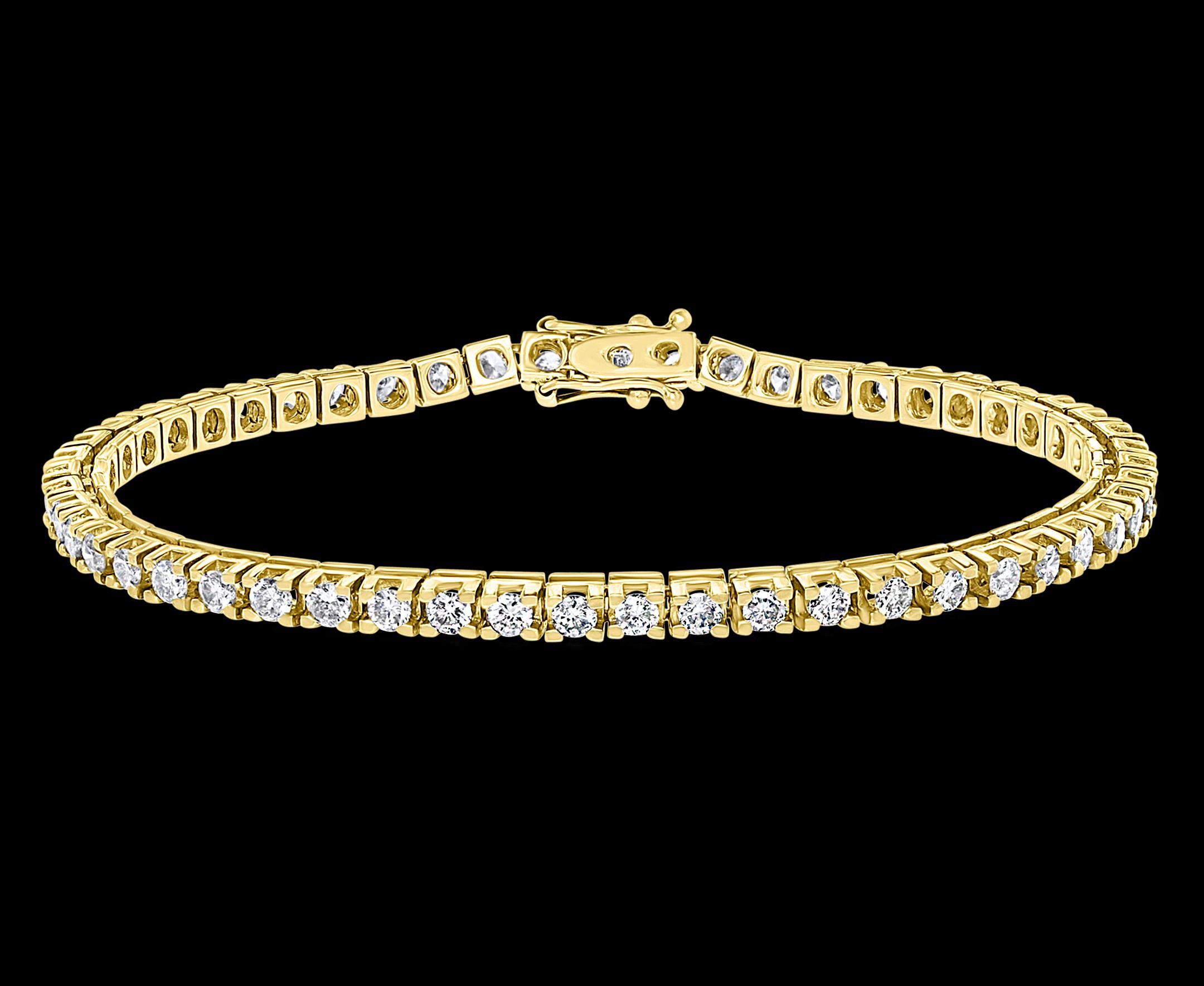 Meet the ultimate bold tennis bracelet. The single row of prong set Round Brilliant cut
Total Diamond  weighs Approximately  3.85 total carats. That's enough to draw all eyes and add glamour to any occasion. The clasp is with two safety catch  ,very