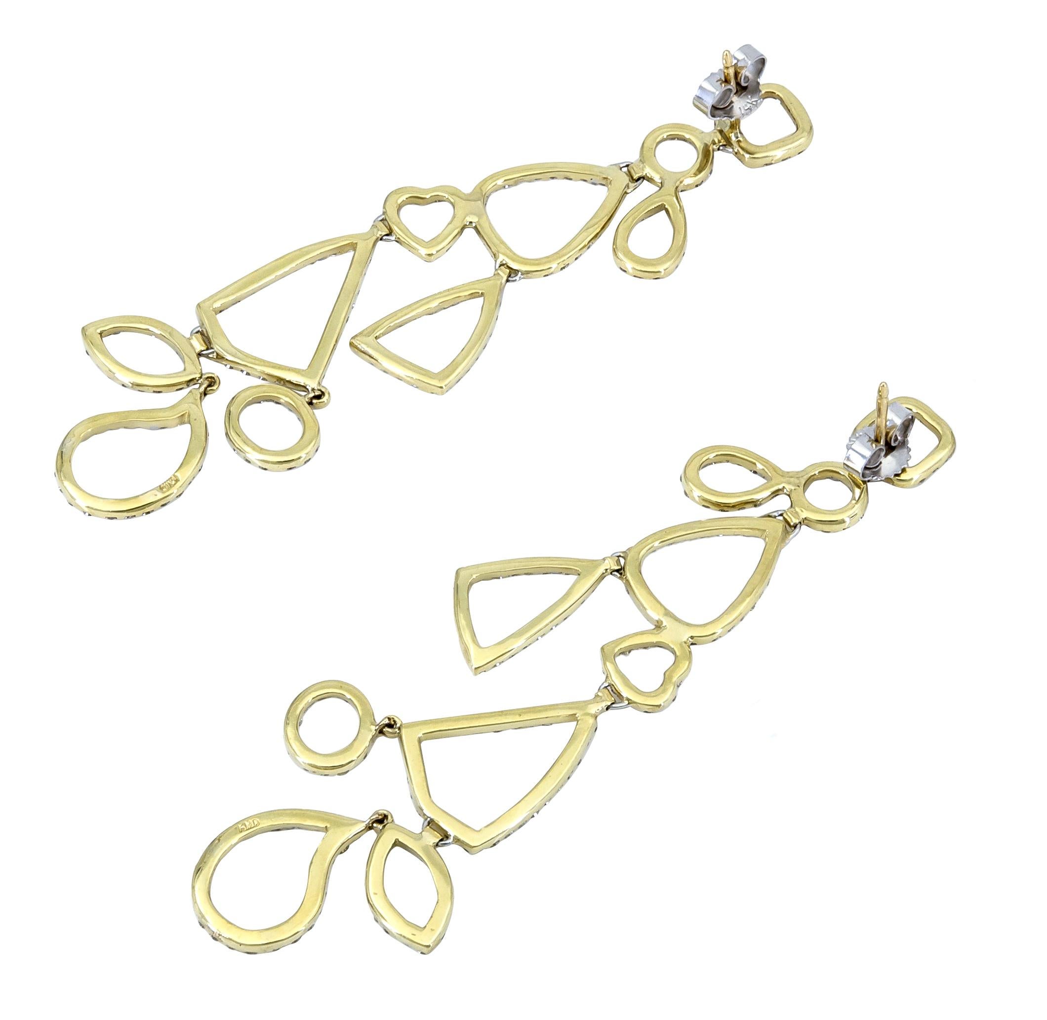 Moderno Orecchini pendenti con diamante rotondo e design geometrico moderno in oro giallo in vendita
