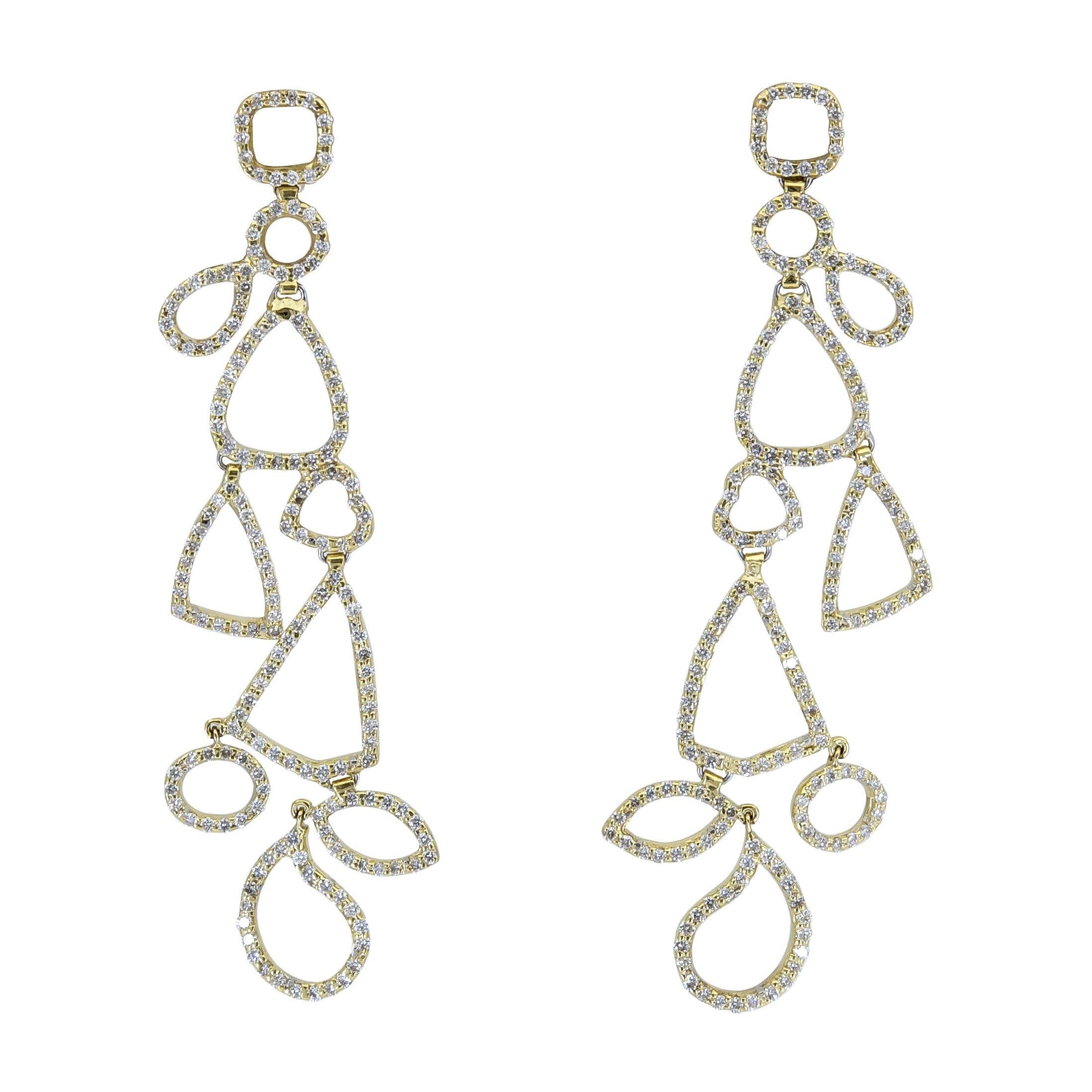 Round Diamond Modern Geometric Design Dangle Earrings in Yellow Gold For Sale
