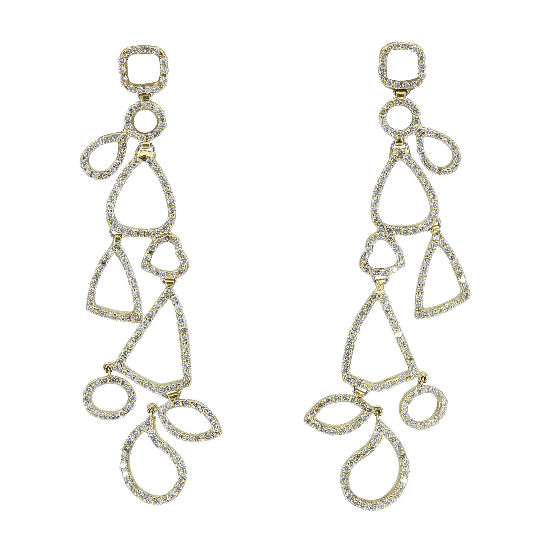 Round Diamond Modern Geometric Design Dangle Earrings in Yellow Gold