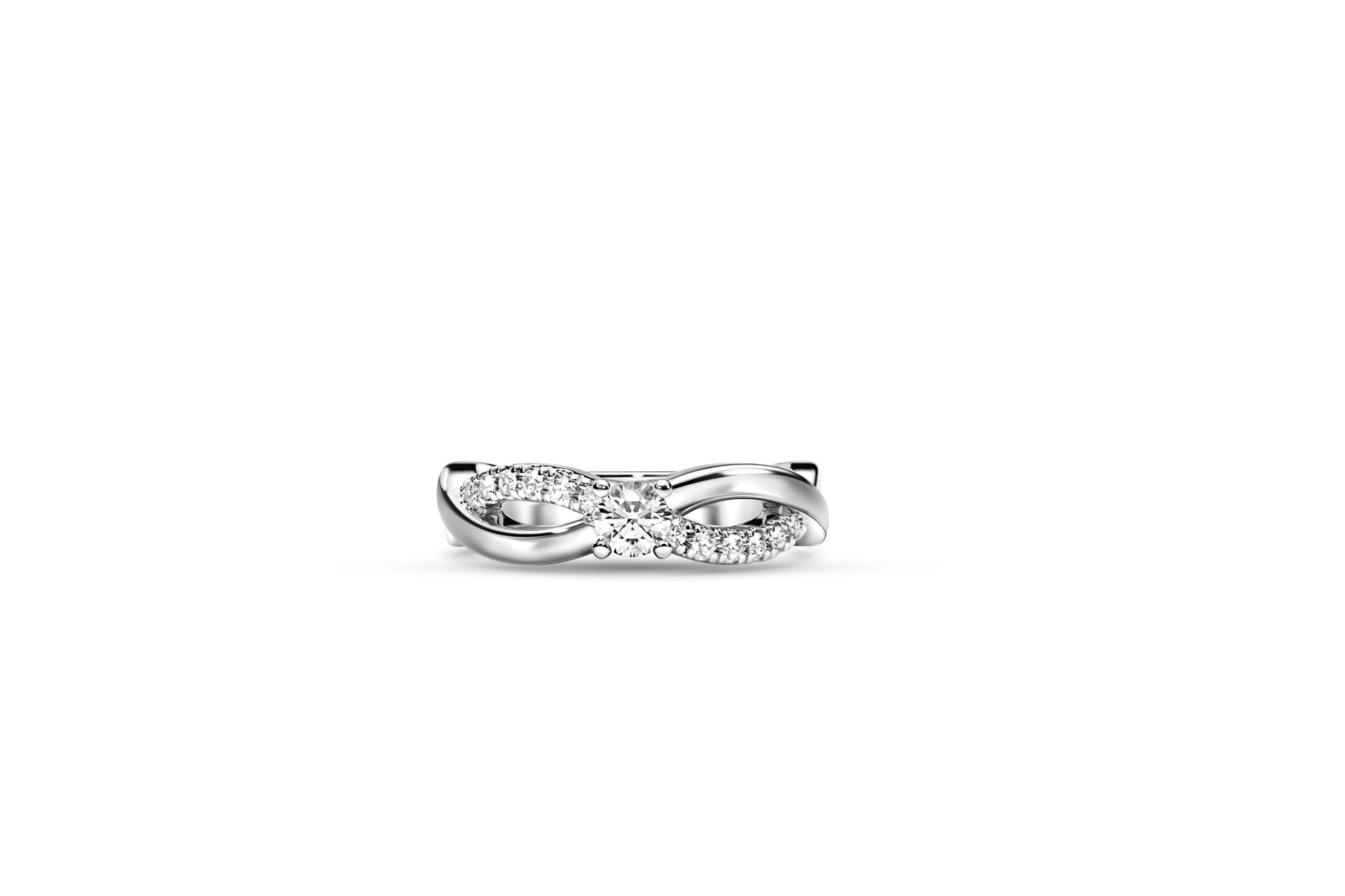 Round diamond moissanite spiral 14k gold ring. Swirl Bypass moissanite engagement ring.  1 ct moissanite promise ring. Curve wave Infinity Ring.

Metal: 14k gold 
Weight: 2.2 gr depends from size.

Gemstones:
Moissanite: round diamond cut, 1 ct,